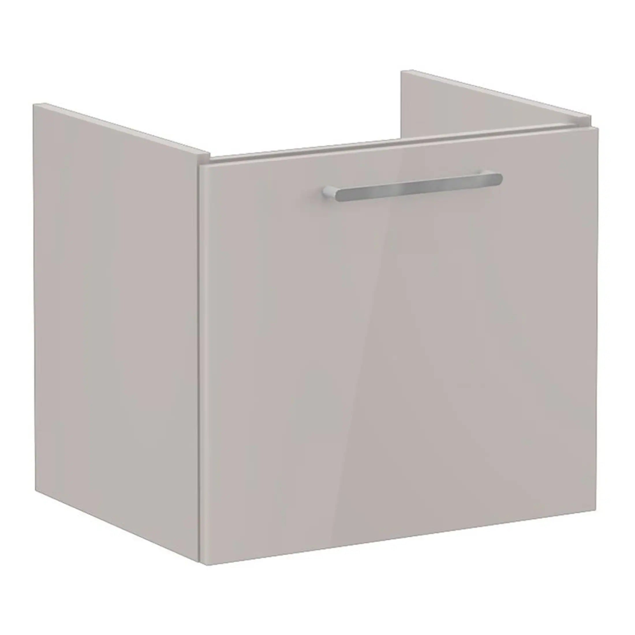 Sleek white bathroom vanity cabinet with soft-close door and modern handle, ideal for contemporary bathroom storage solutions. Perfect for organising essentials with stylish minimal design.
