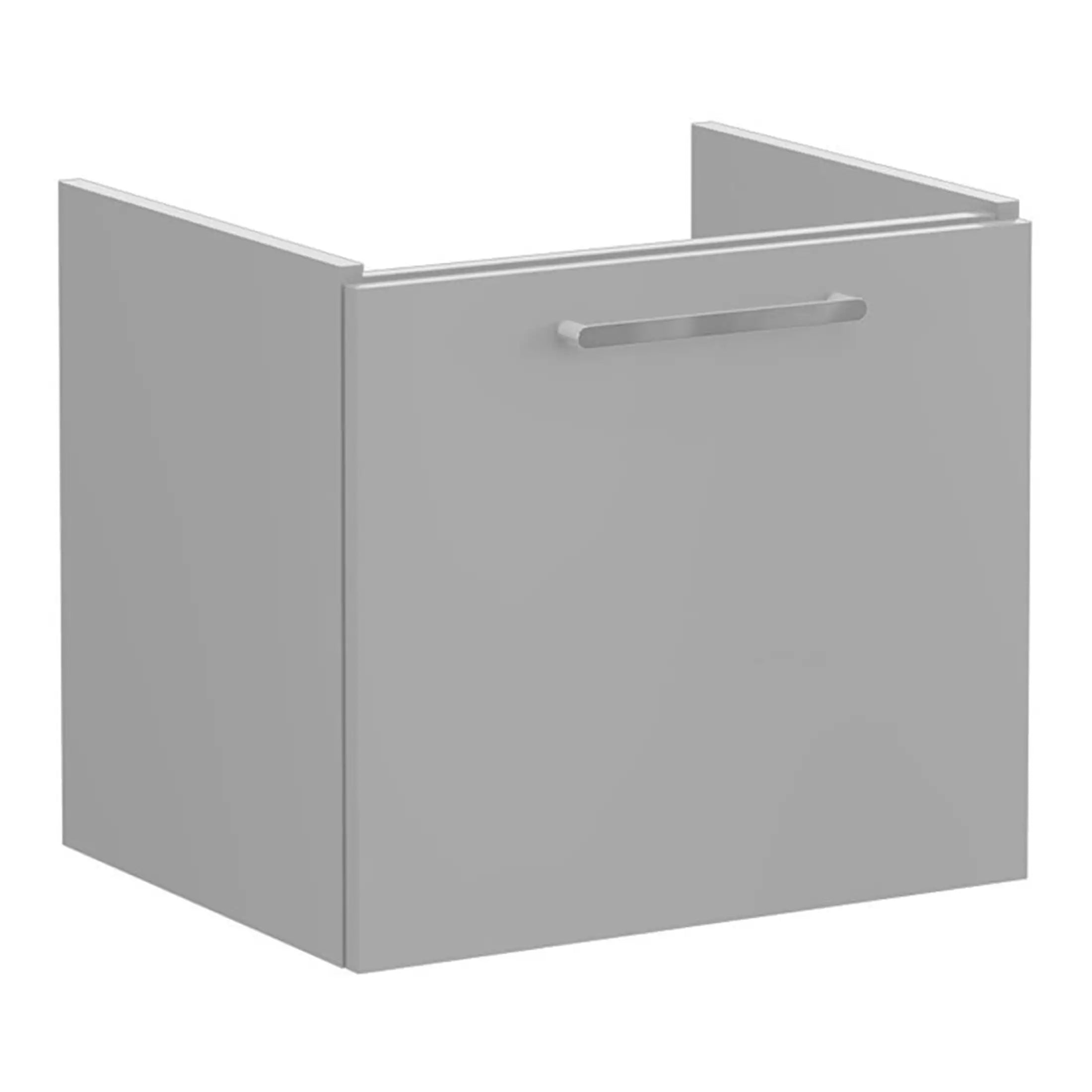Minimalist grey bathroom base unit with sleek handle, modern storage solution for contemporary bathrooms.