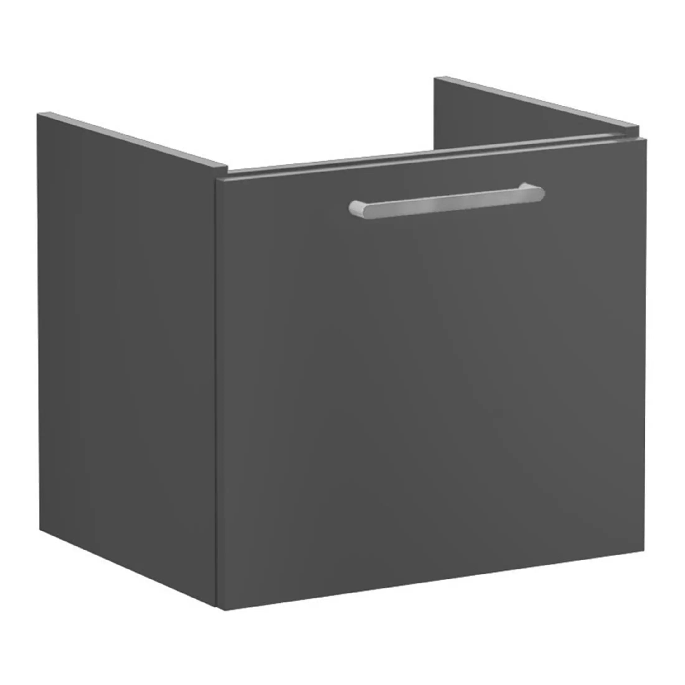 Modern grey bathroom vanity unit with sleek handle, ideal for contemporary bathroom storage and organisation. Perfect for stylish renovations and space-saving solutions.
