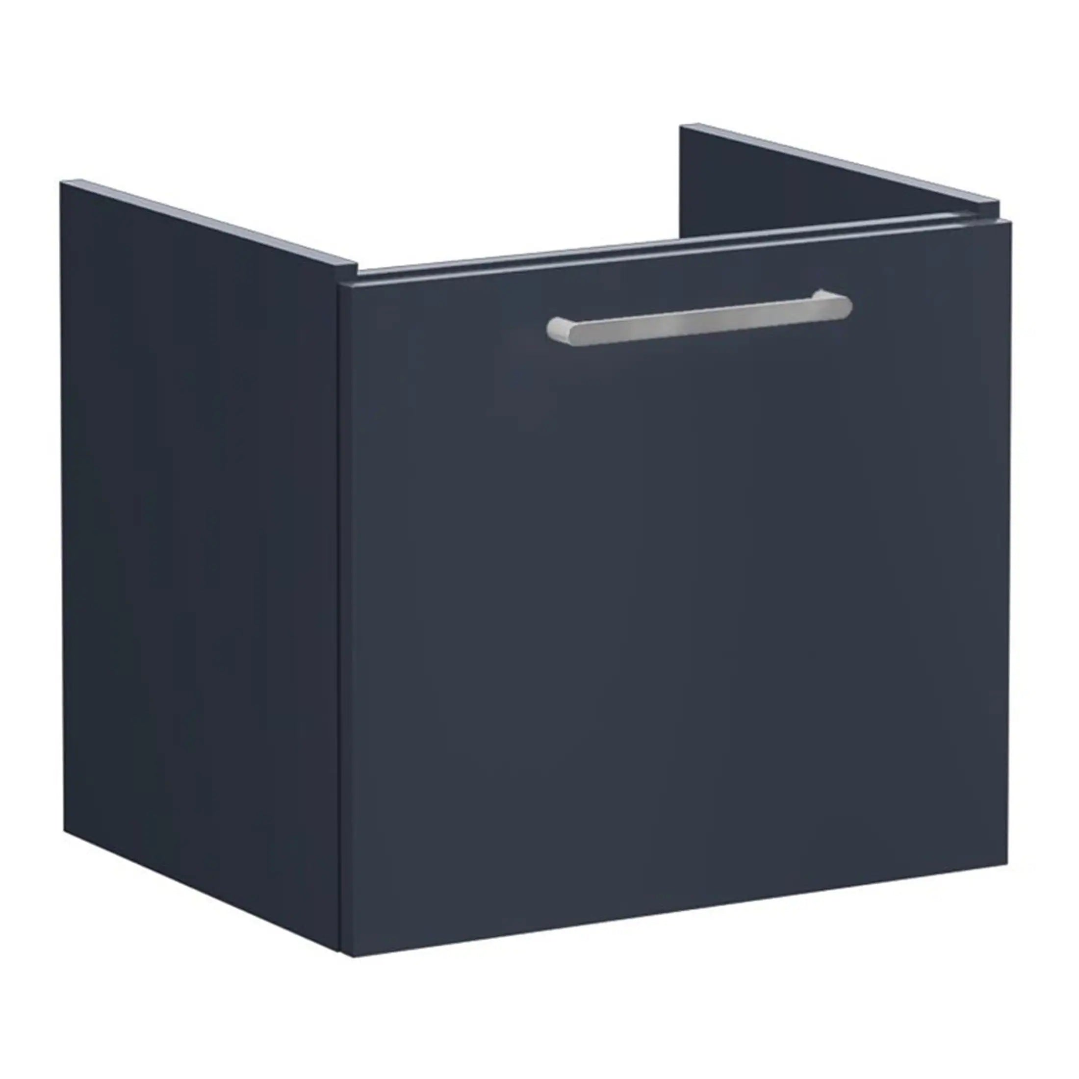 Modern navy blue bathroom vanity cabinet with sleek silver handle, designed for contemporary bathroom storage and organisation. Perfect for enhancing bathroom aesthetics and functionality.