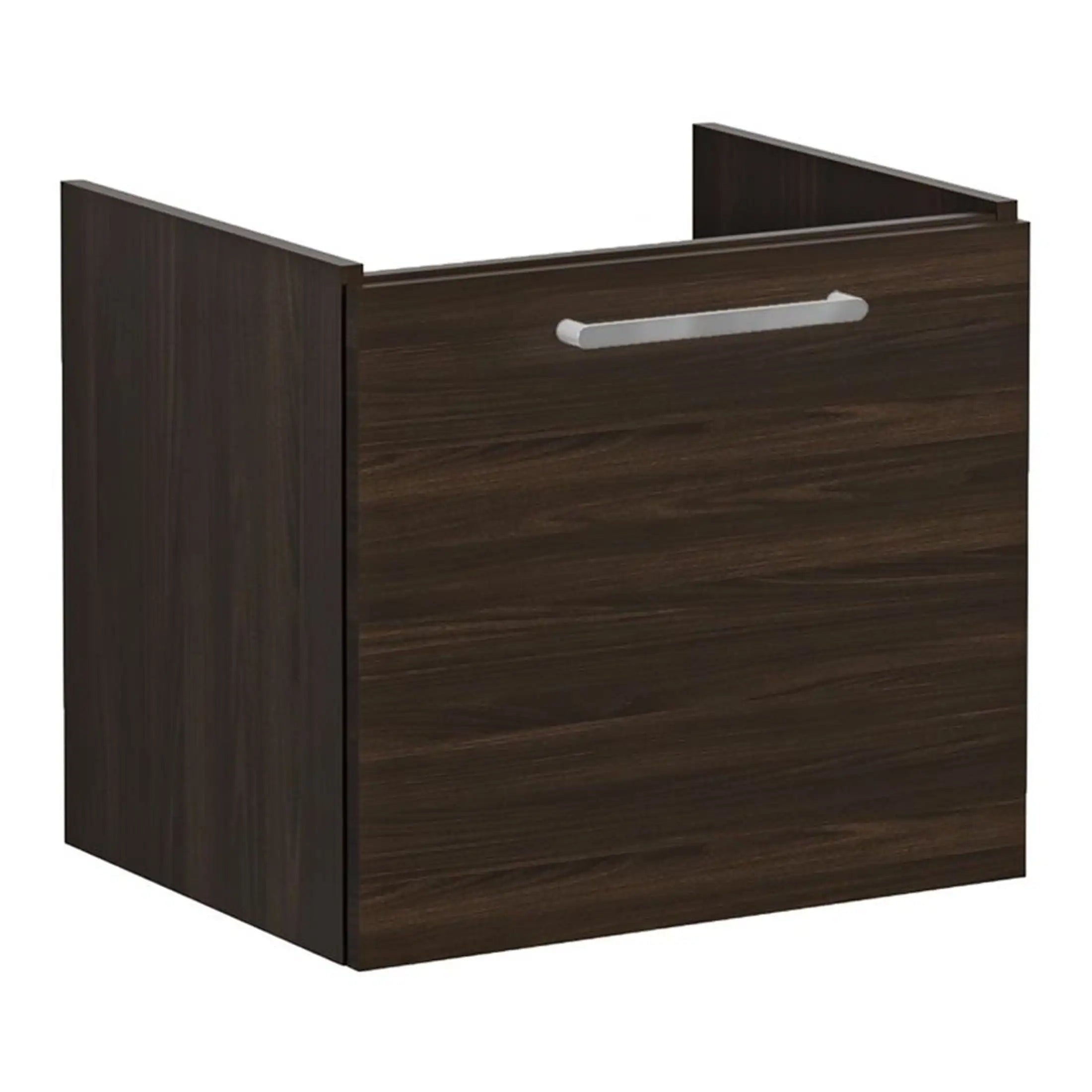 Sleek dark wood bathroom vanity with a modern silver handle, designed for efficient storage and stylish bathroom renovations. Perfect for contemporary bathroom contexts.