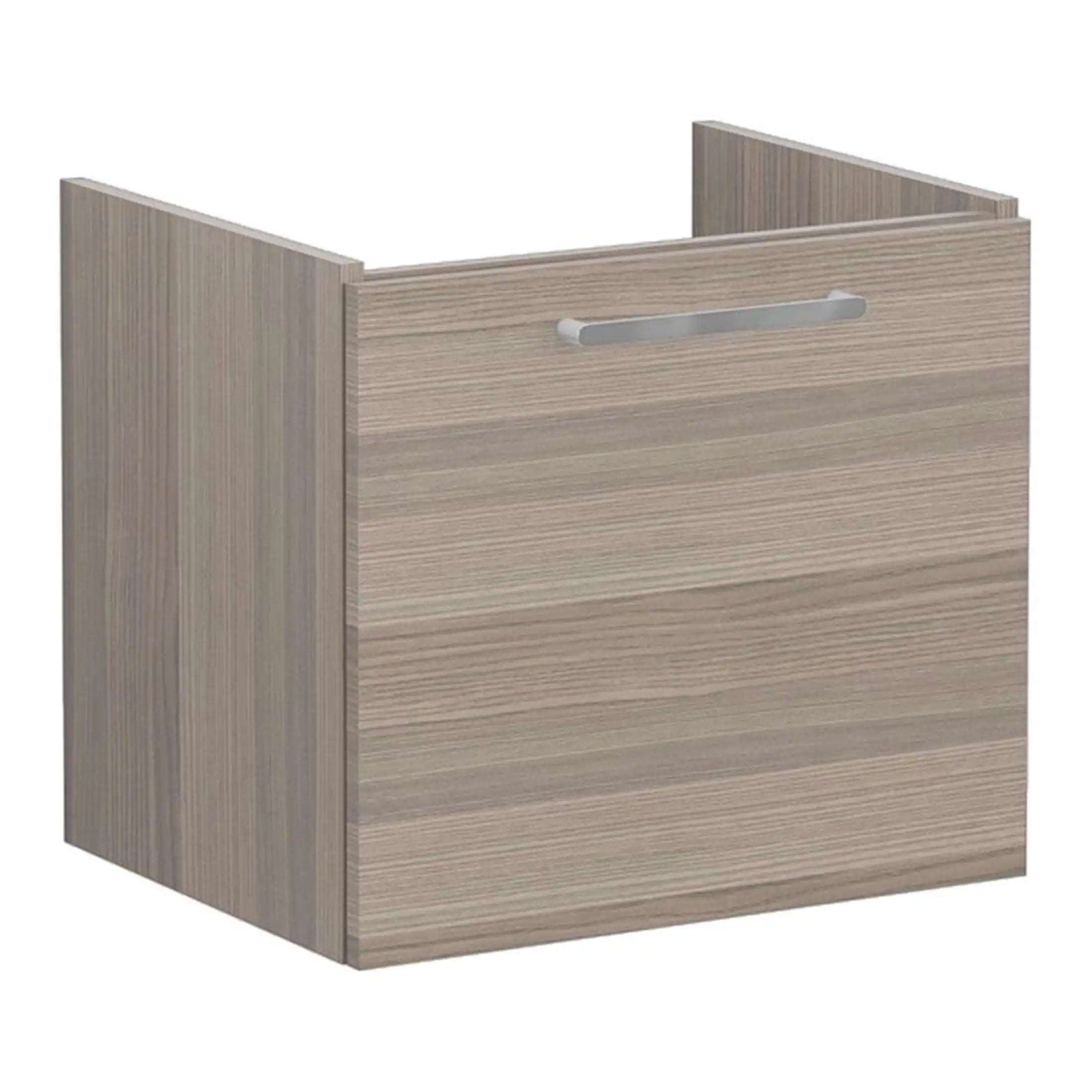 Sleek modern bathroom cabinet with a woodgrain finish and a silver handle, perfect for stylish bathroom storage solutions.