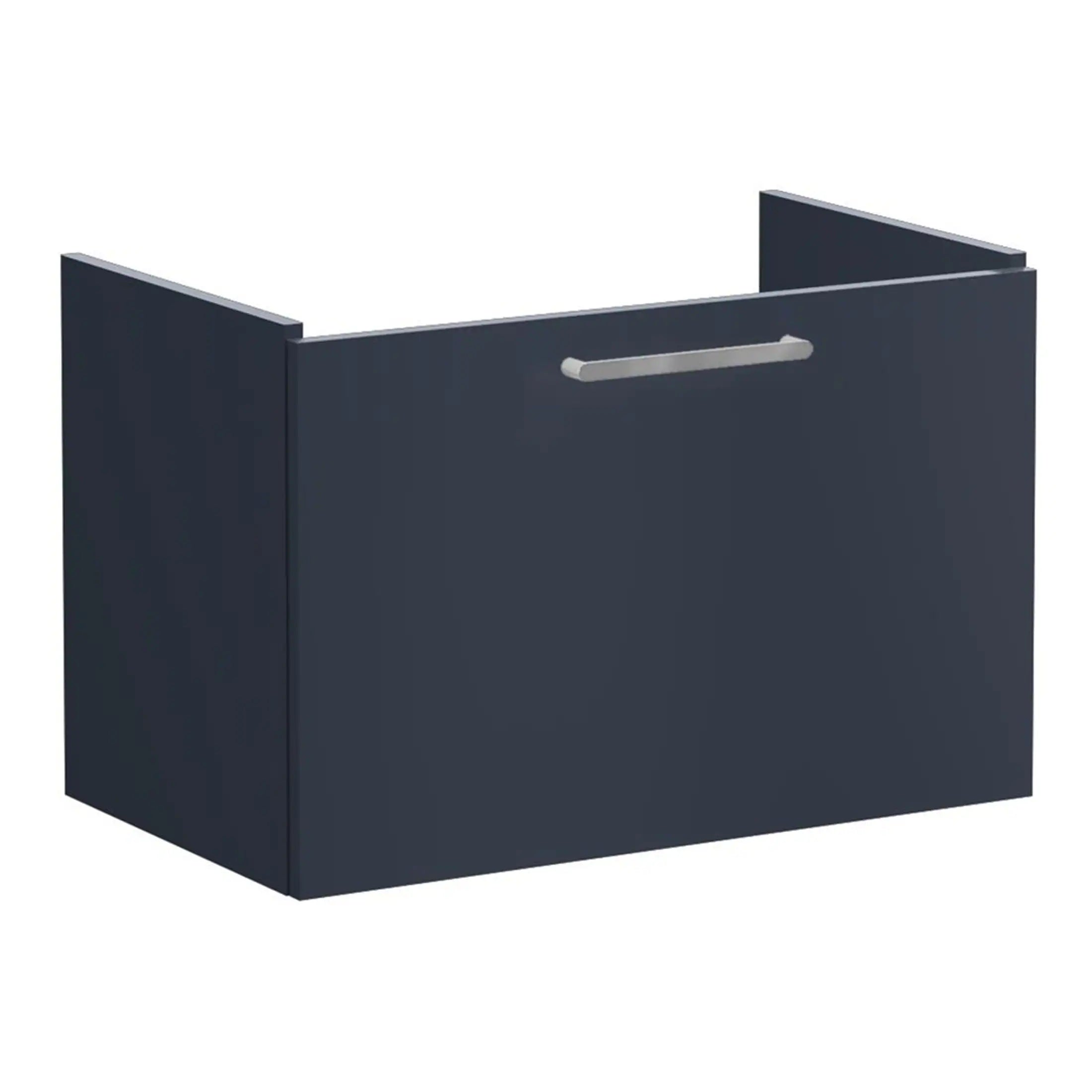 Contemporary navy blue bathroom cabinet with sleek silver handle, ideal for modern bathroom storage solutions. Durable finish and clean design enhance bathroom organisation and aesthetics.
