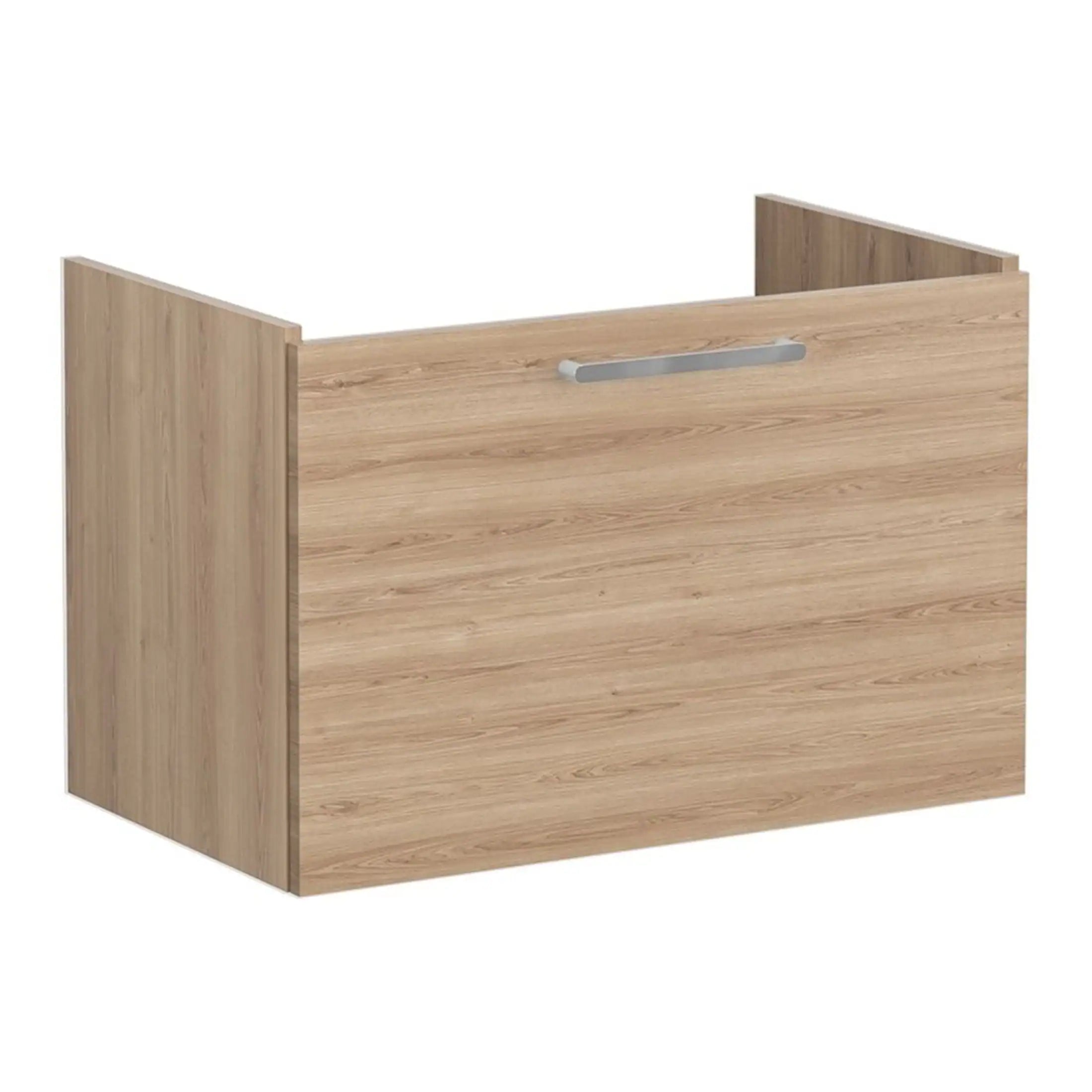 Natural wood bathroom vanity unit with silver handle, modern bathroom storage furniture. Ideal for contemporary bathroom decor, providing space for toiletries and accessories. Made from durable wood with a sleek finish.
