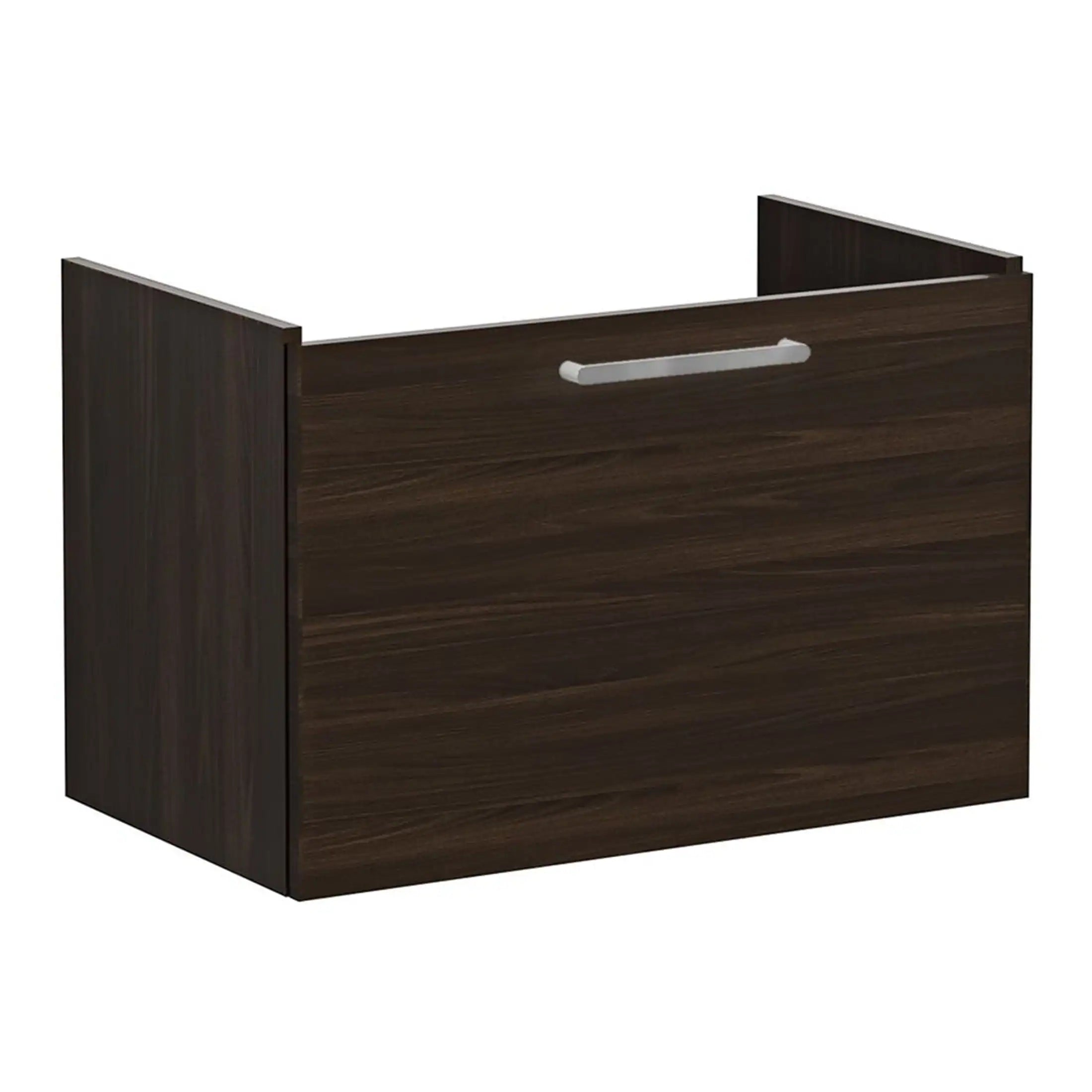 Dark wood bathroom cabinet with sleek silver handle, modern storage solution for contemporary bathrooms. Perfect for organising toiletries and essentials with style.