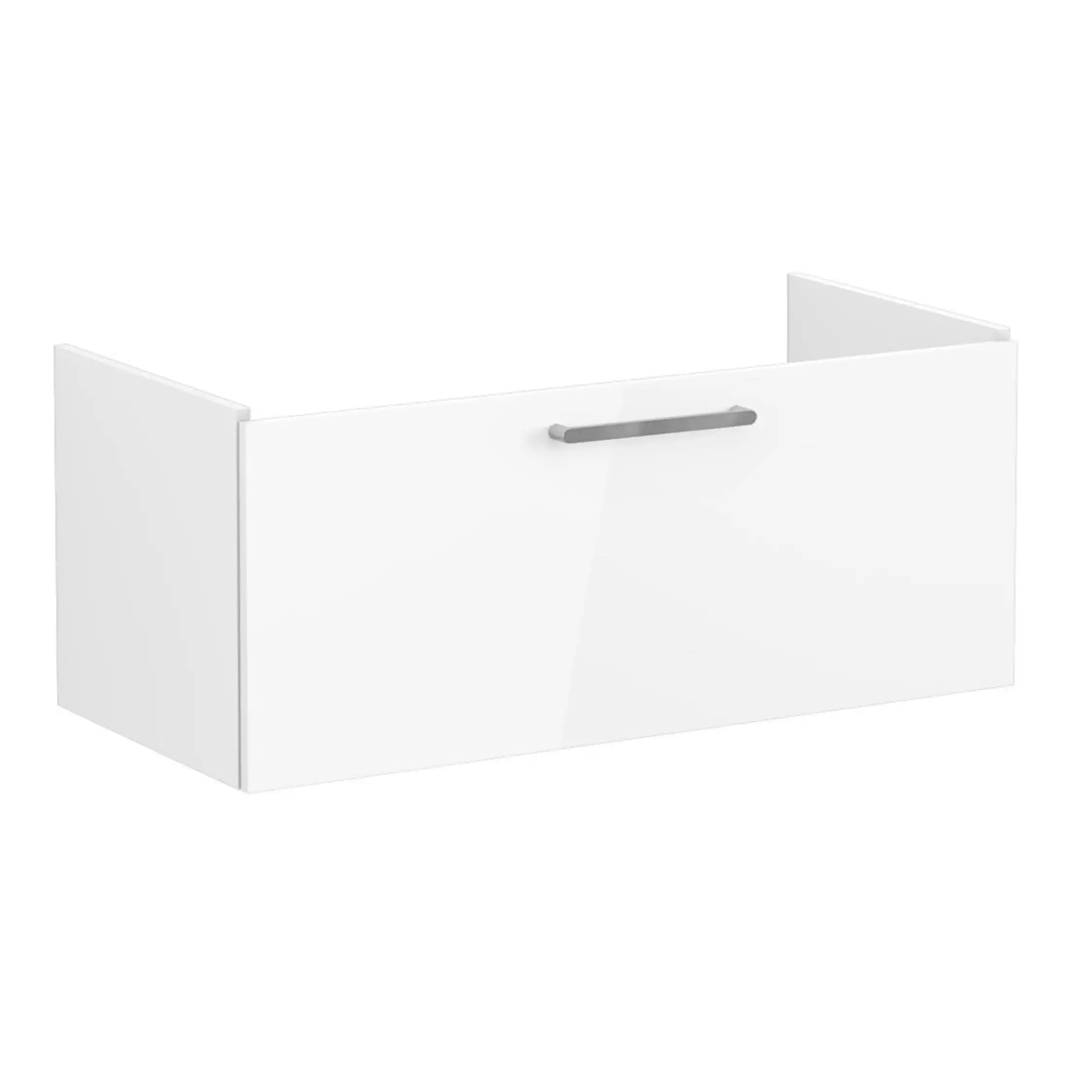 Sleek white bathroom storage vanity with a modern handle, designed for contemporary bathroom interior, ideal for organising toiletries and essentials, perfect for enhancing bathroom functionality.