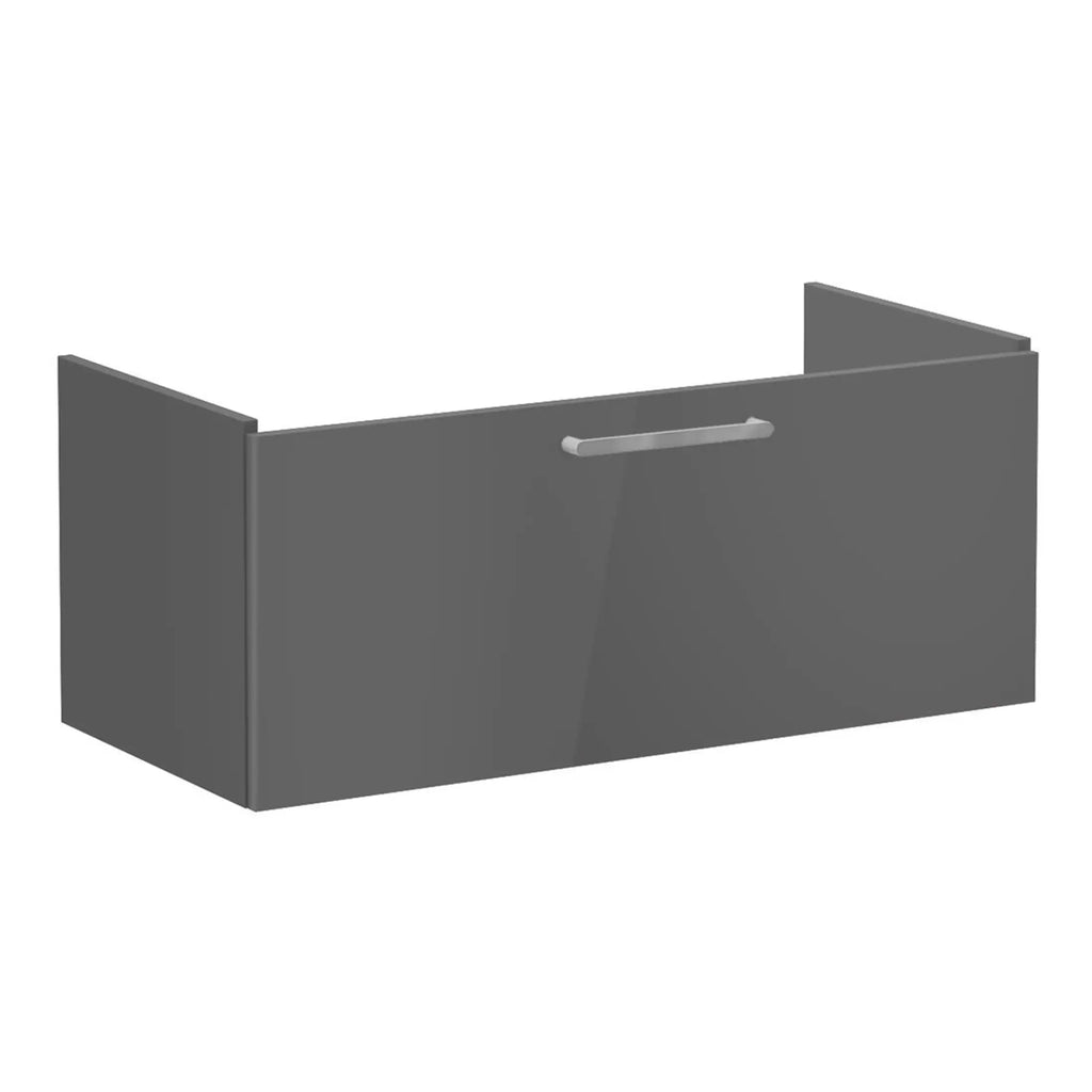 Streamlined grey bathroom vanity cabinet with a sleek handle, ideal for modern bathroom storage solutions. Perfect for organising toiletries and enhancing bathroom aesthetics.