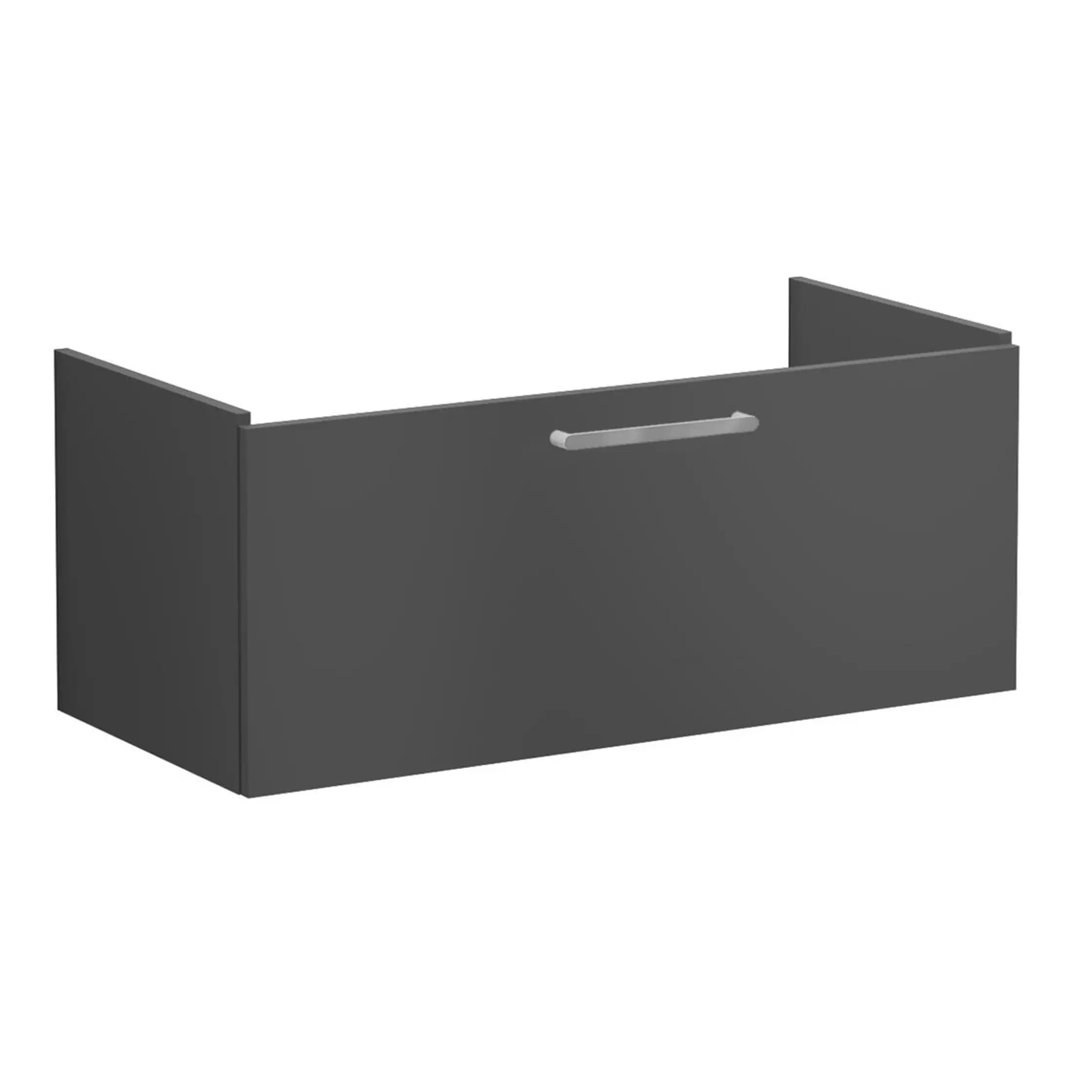 Sleek dark grey bathroom wall-mounted storage cabinet with silver handle, ideal for modern bathroom organisation and space-saving solutions. Perfect for storing toiletries and accessories.