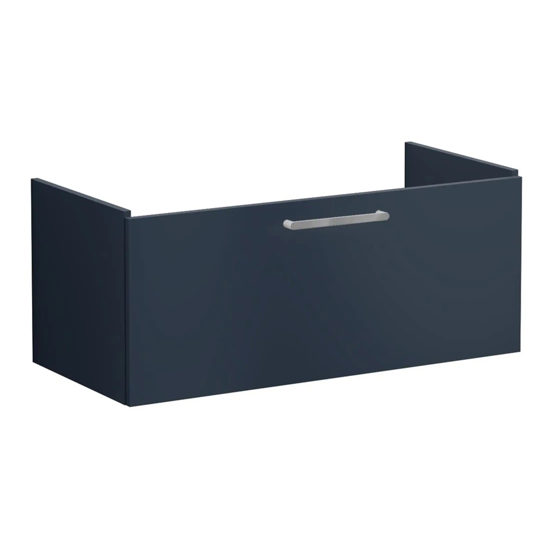 Sleek navy blue bathroom drawer with a modern silver handle, ideal for contemporary bathroom storage solutions. Designed for durability and style, perfect for organising toiletries and accessories.
