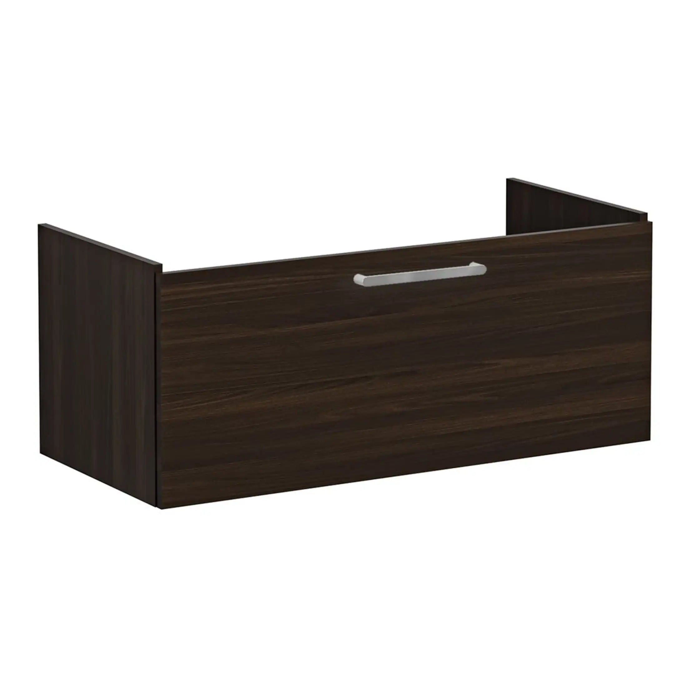 Modern dark wood bathroom drawer with sleek silver handle, ideal for contemporary bathroom storage solutions, stylish and functional.