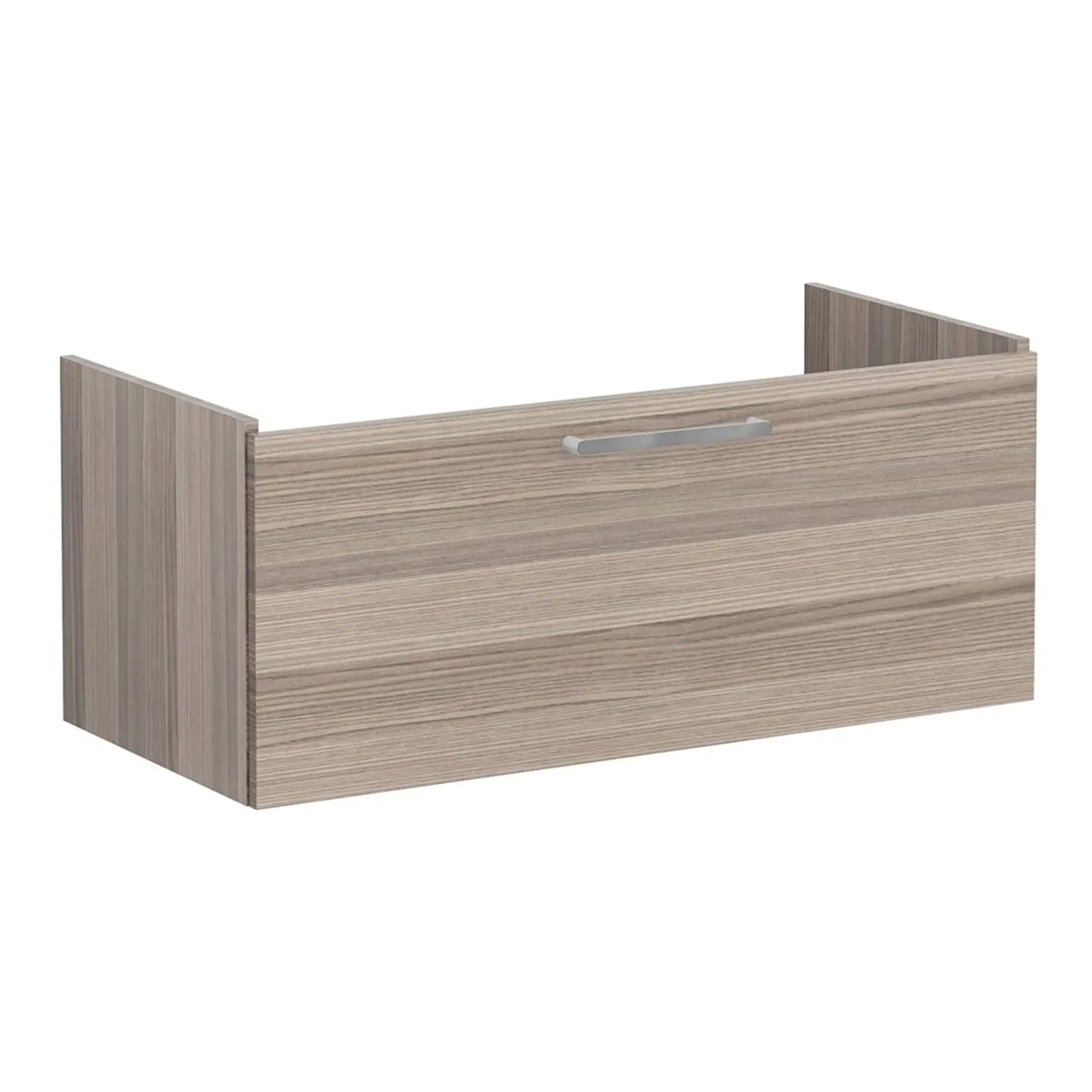 Sleek modern bathroom wall-mounted cabinet in light wood finish with brushed steel handle, ideal for storage in contemporary bathroom designs.
