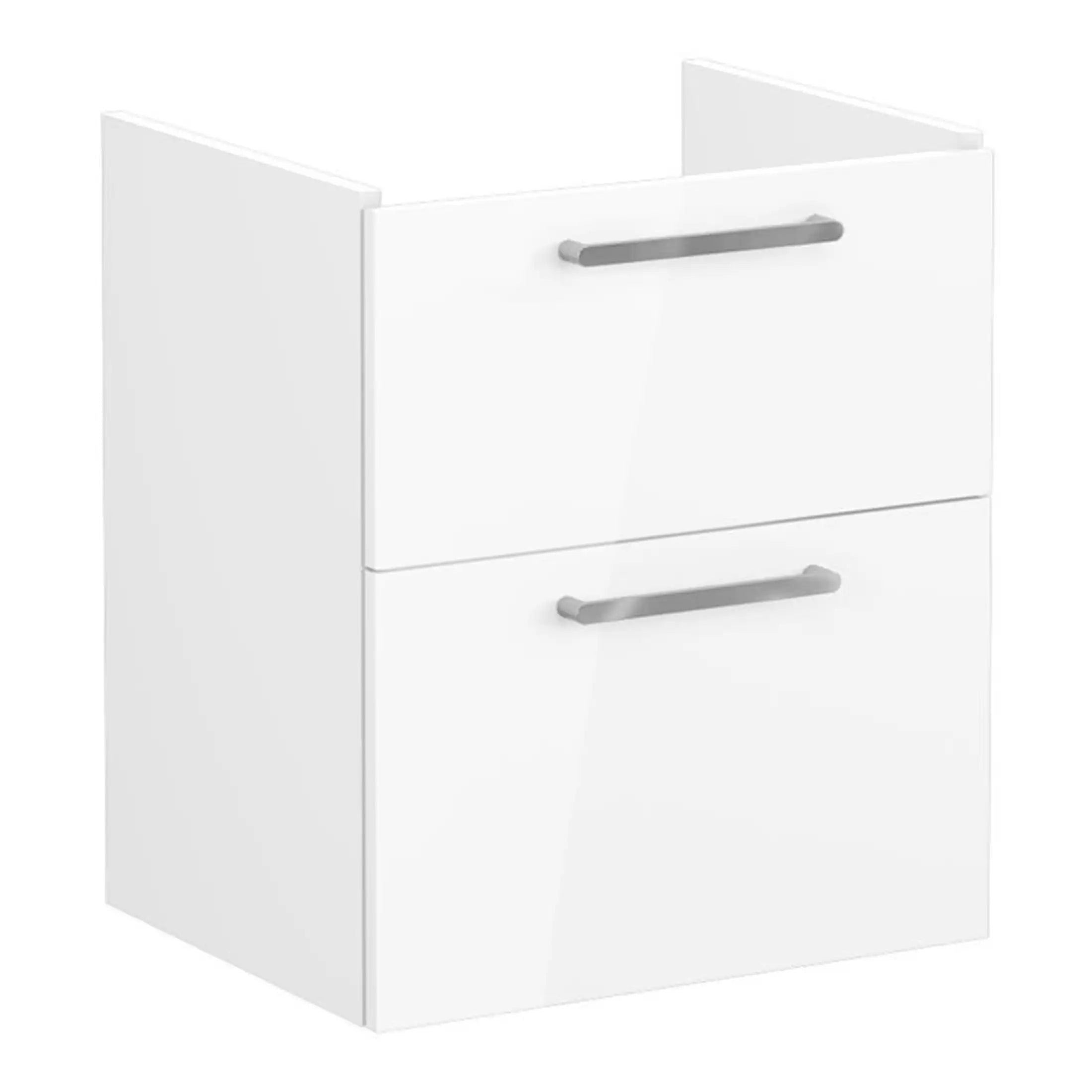 Contemporary white bathroom vanity with two drawers and modern silver handles, ideal for stylish bathroom storage solutions.