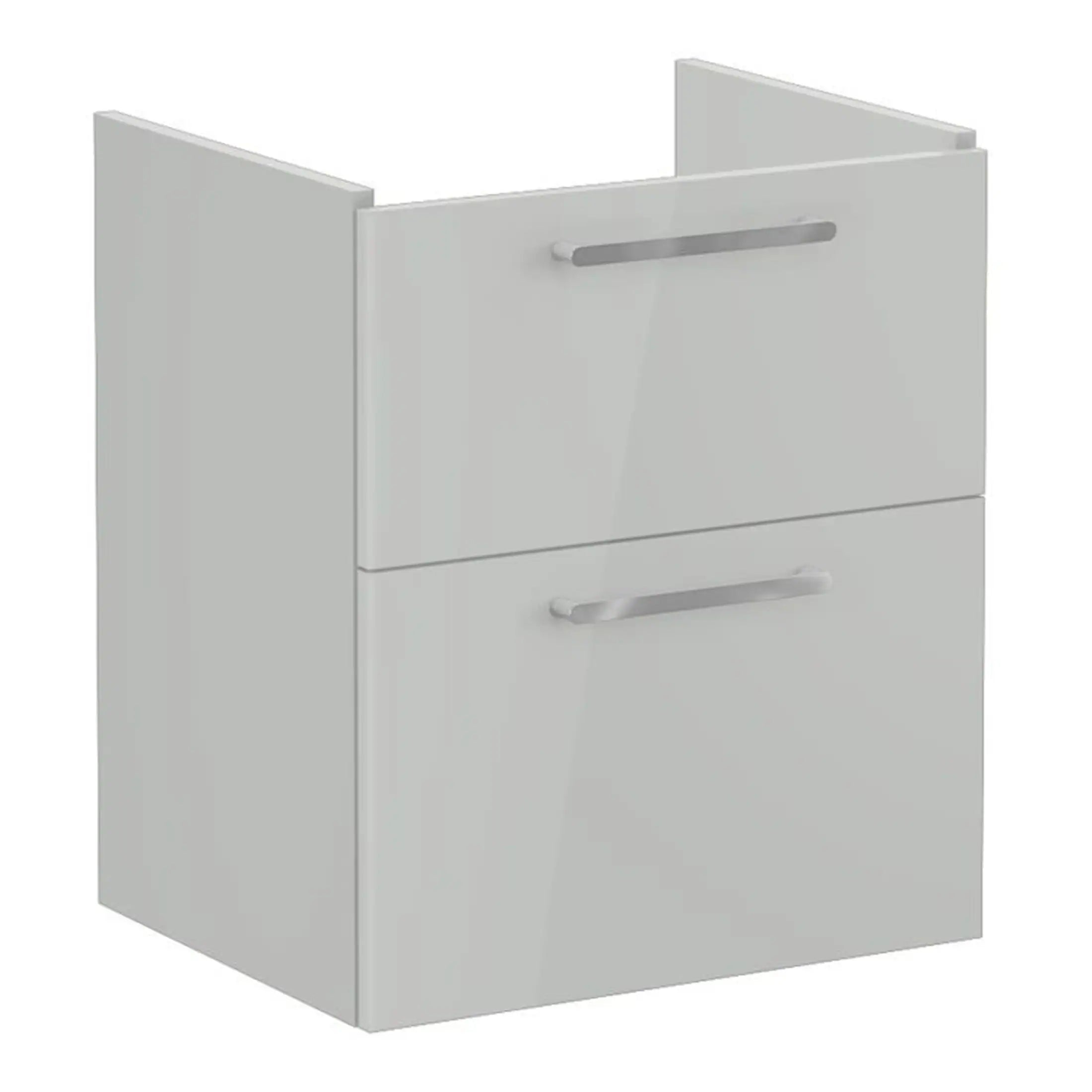 Sleek white bathroom cabinet with double drawers, modern design, and silver handles, perfect for bathroom storage and organisation.
