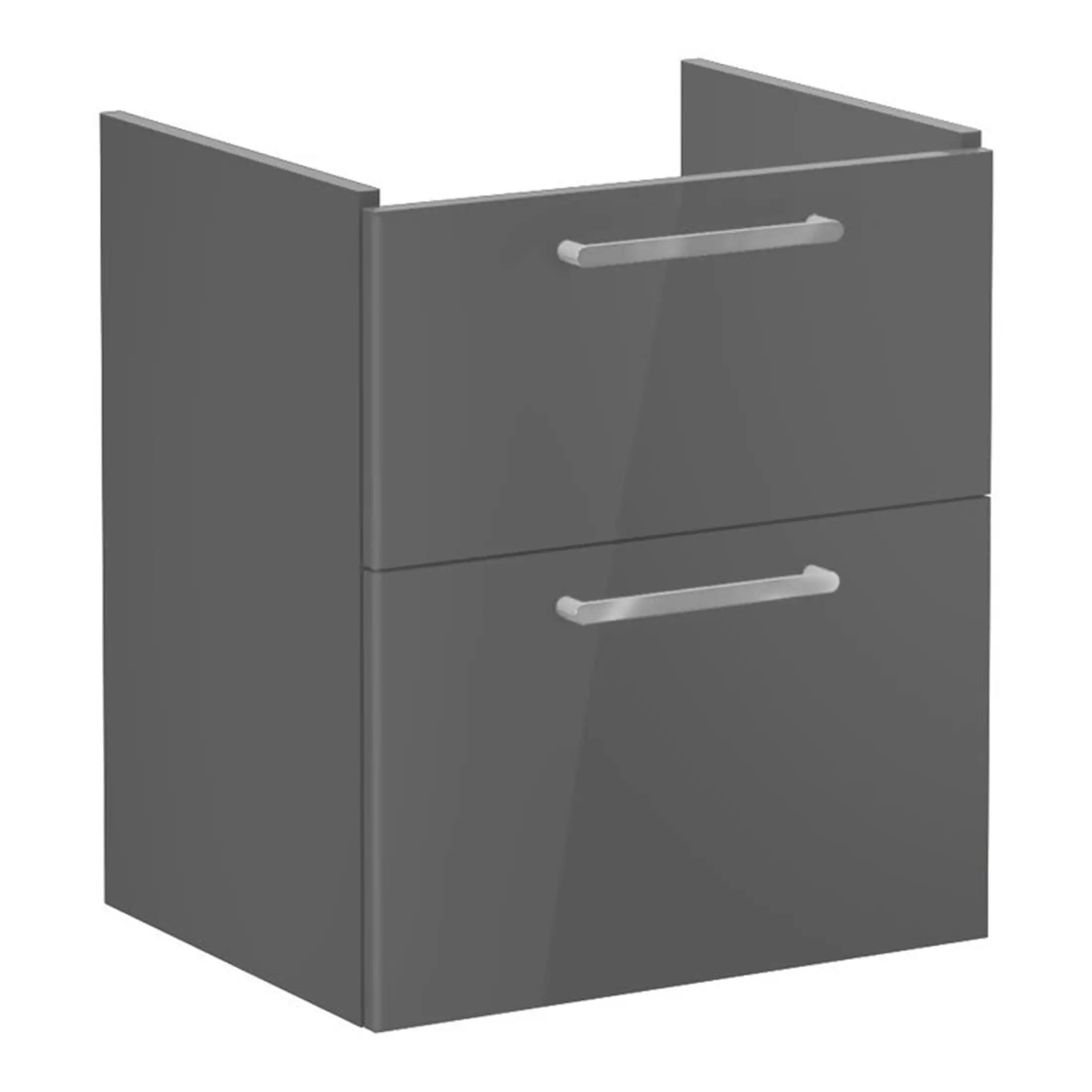 Modern grey bathroom vanity with two drawers and sleek silver handles, perfect for contemporary bathroom storage solutions.