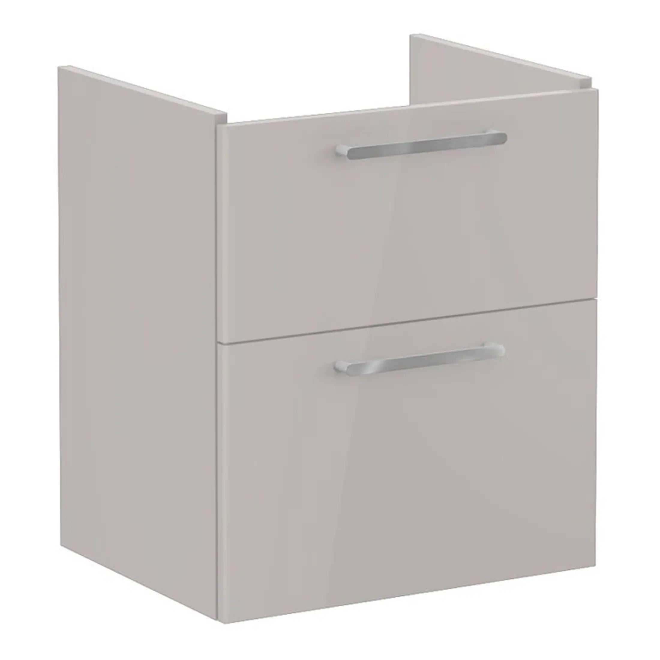 Sleek white bathroom vanity cabinet with two drawers and silver handles, ideal for modern bathroom storage solutions. Perfect for organising toiletries and accessories efficiently.