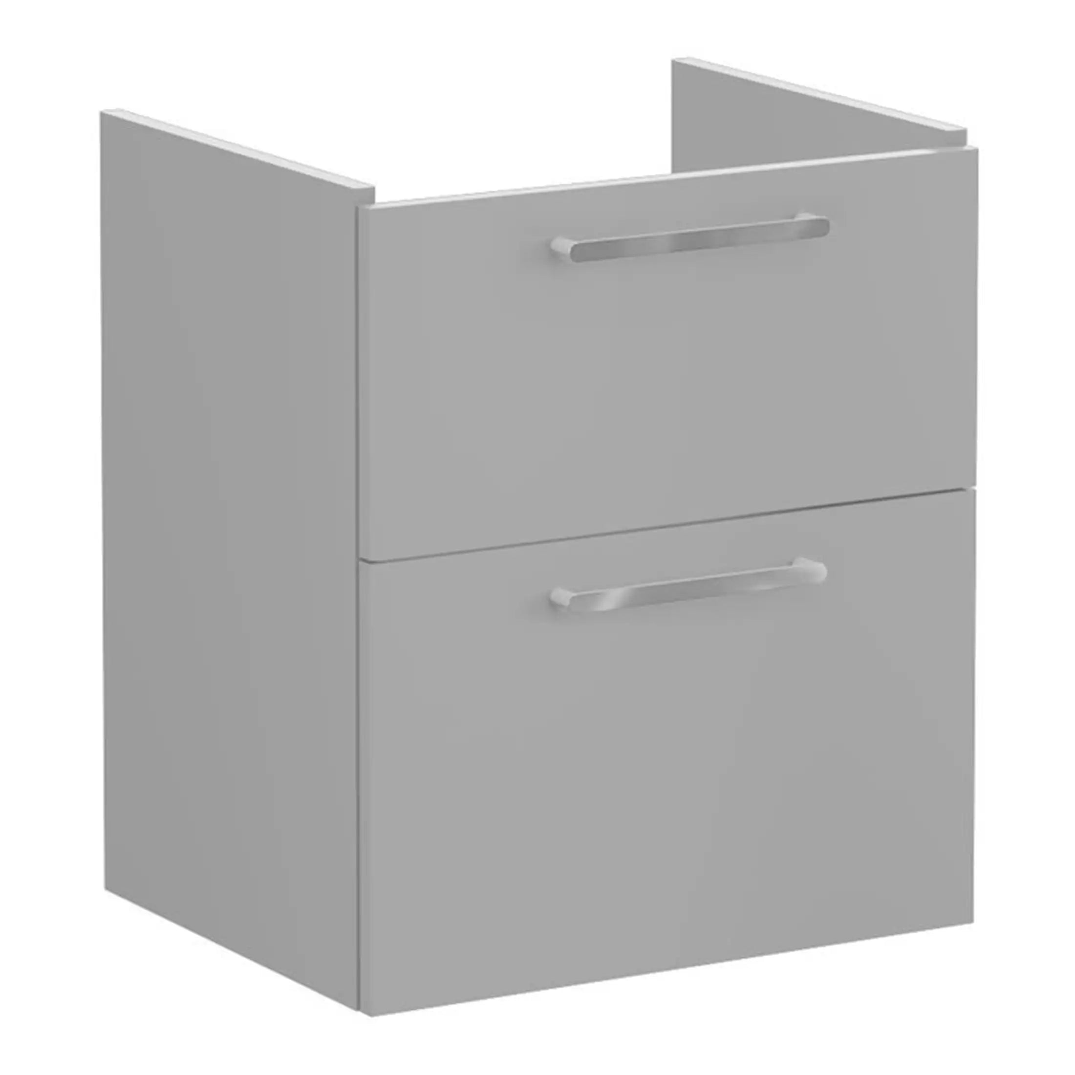 Modern grey bathroom vanity cabinet with sleek silver handles, designed for stylish bathroom storage solutions.