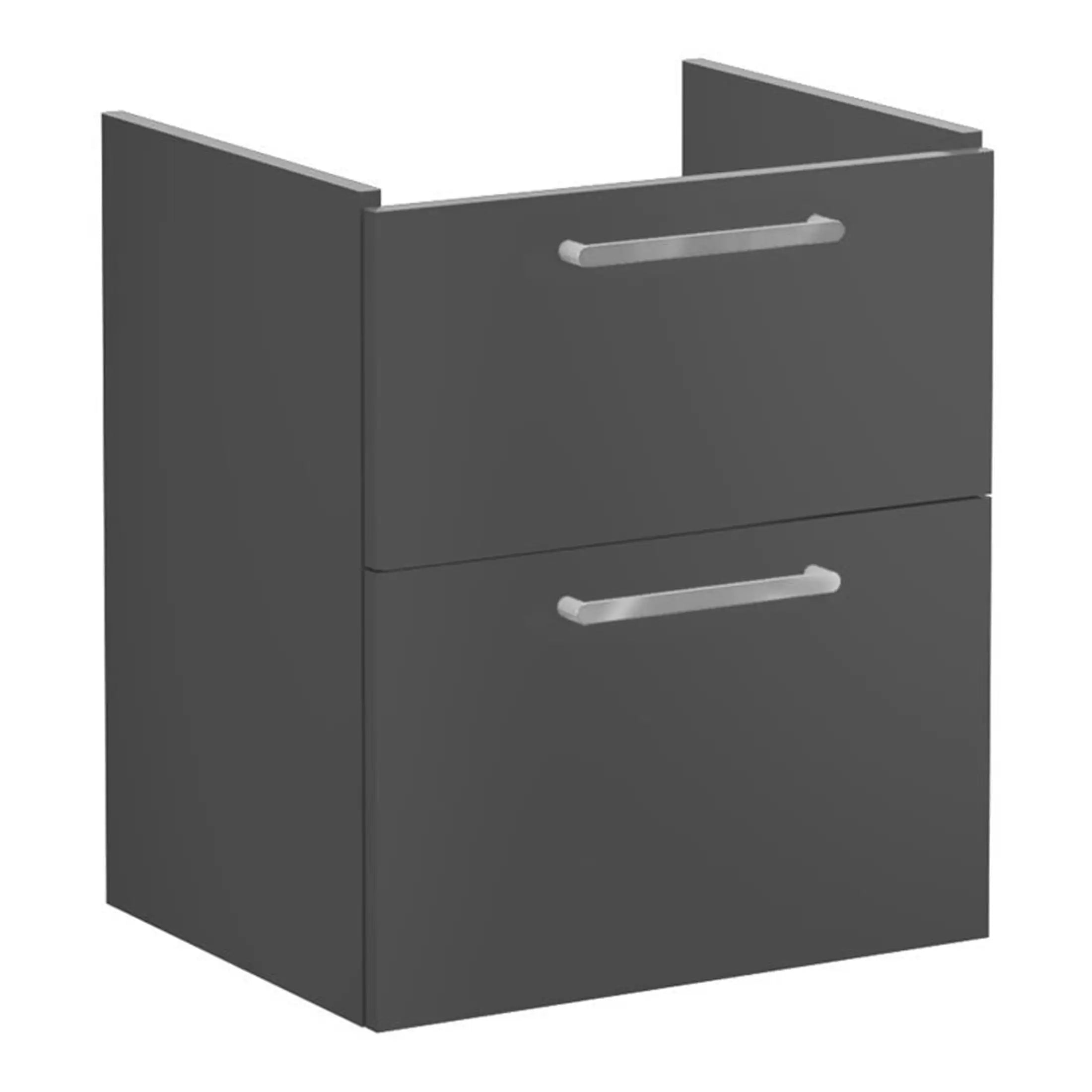 Modern grey bathroom vanity cabinet with sleek silver handles, ideal for contemporary bathroom storage solutions.