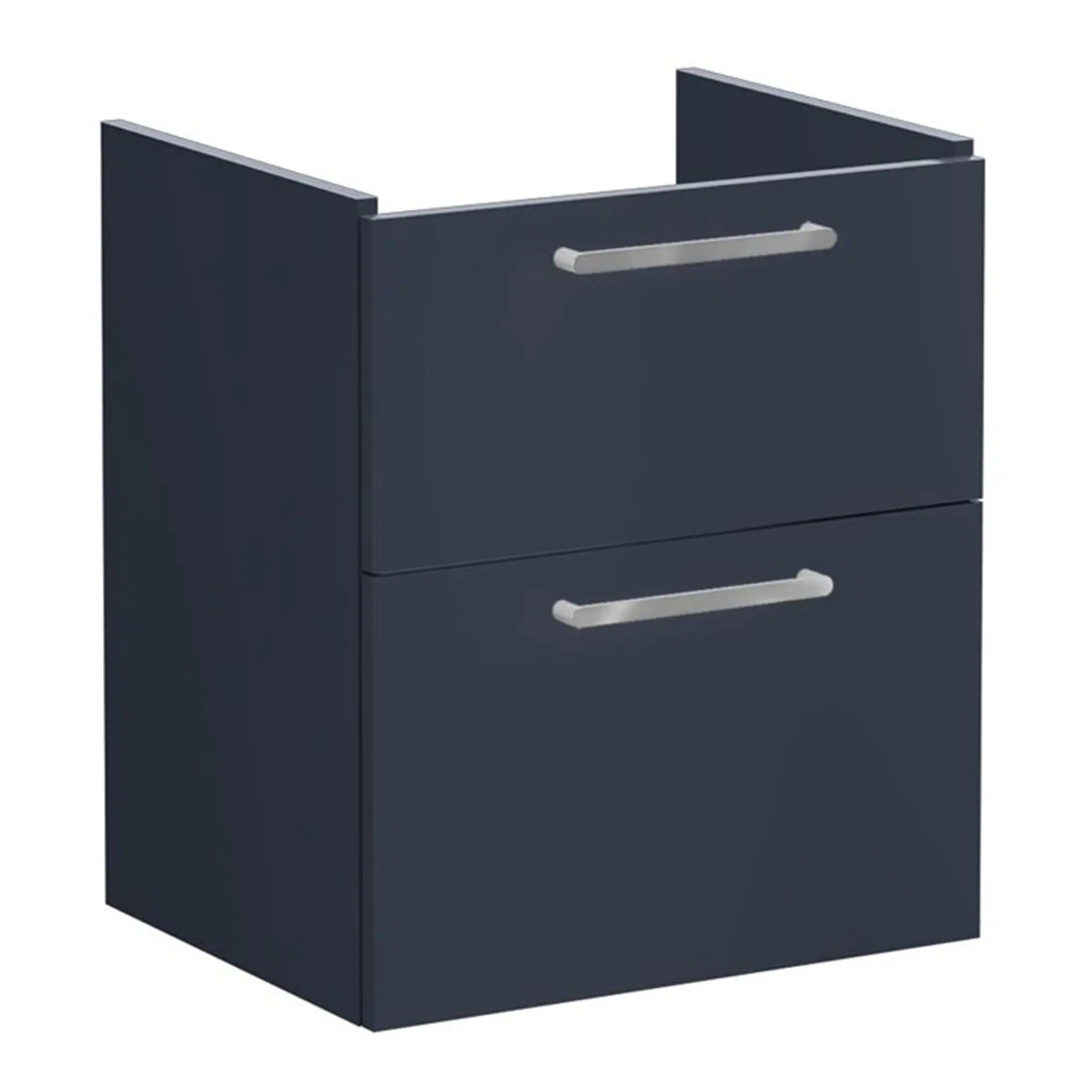 Modern navy blue bathroom vanity unit with two drawers and sleek silver handles, ideal for contemporary bathroom storage solutions.