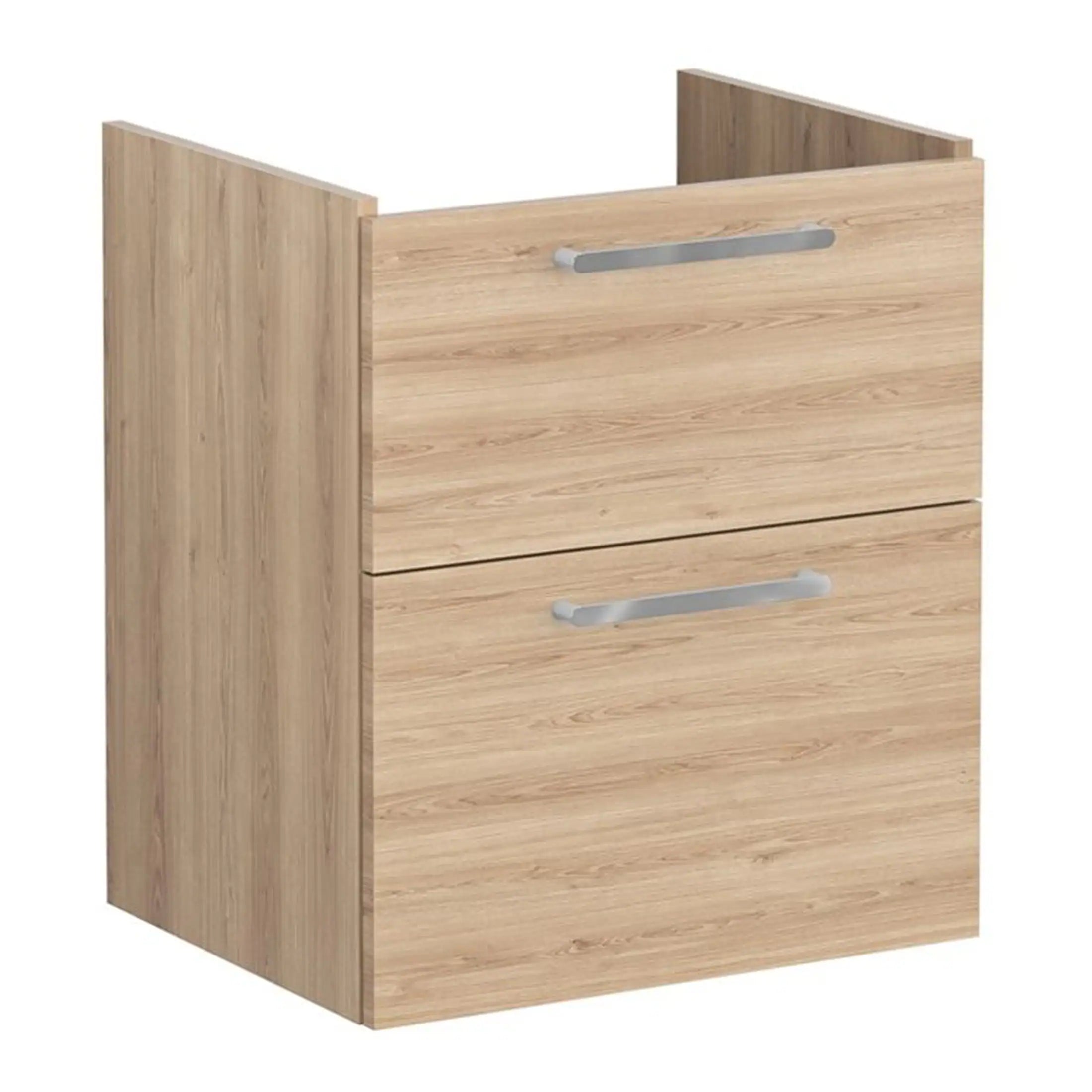 Modern oak bathroom cabinet with silver handles, ideal for stylish and functional bathroom storage solutions. Durable timber finish complements contemporary bathroom designs.