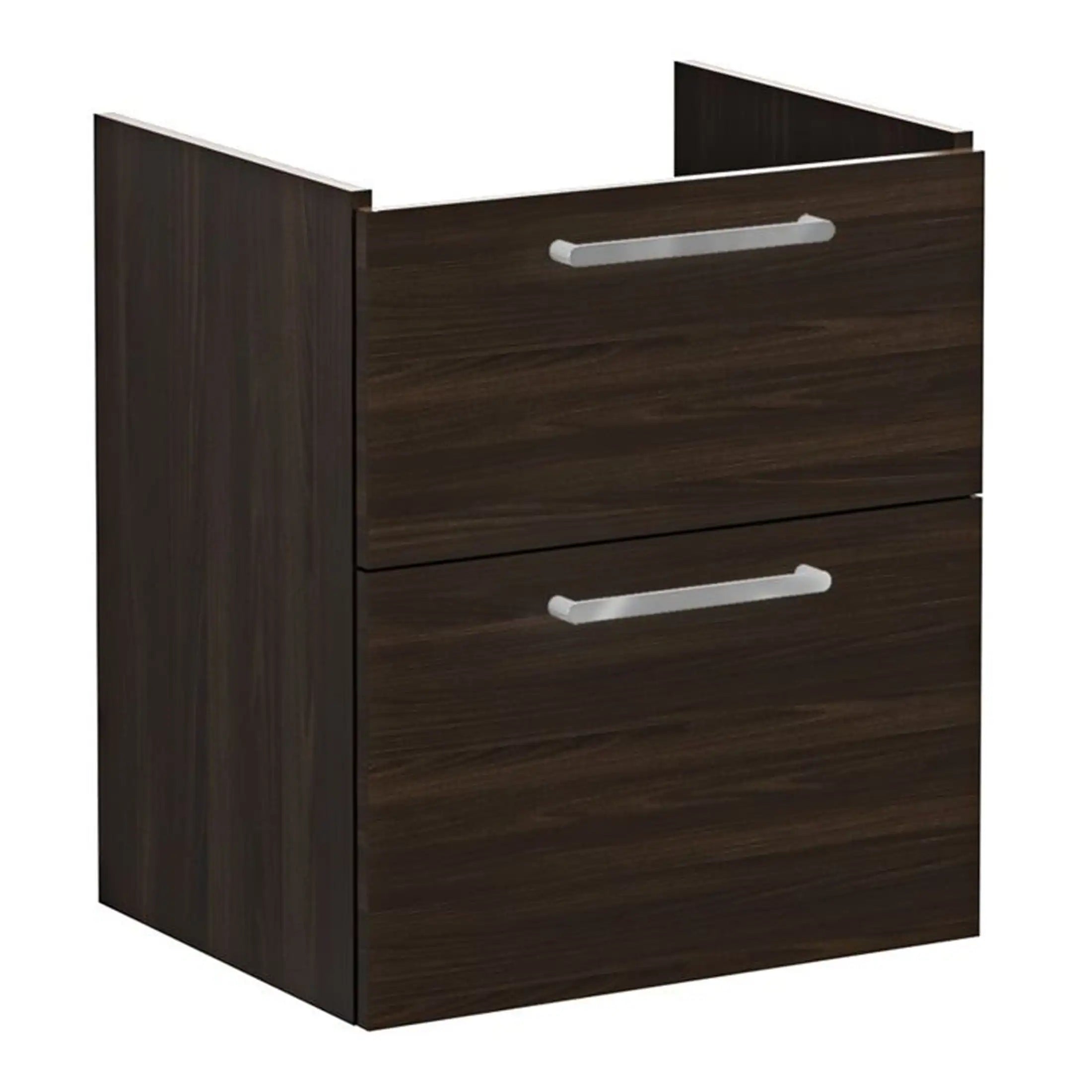Modern dark wood bathroom storage cabinet with sleek silver handles, ideal for organising bathroom essentials and enhancing bathroom decor. Perfect for contemporary bathroom designs.