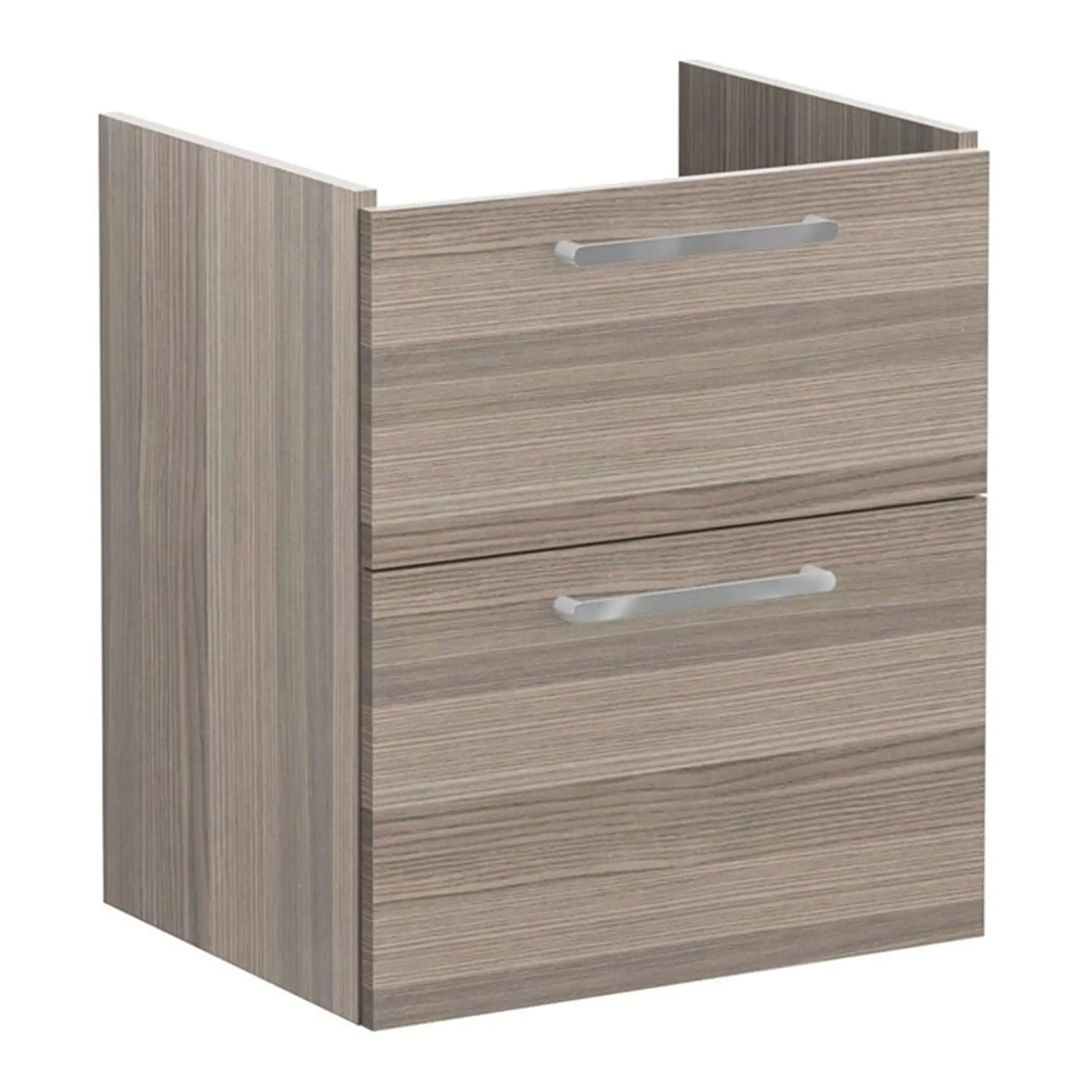Sleek wood-effect bathroom storage cabinet with modern handles, ideal for contemporary bathrooms by BublyBathrooms. Perfect for organising toiletries and essentials.