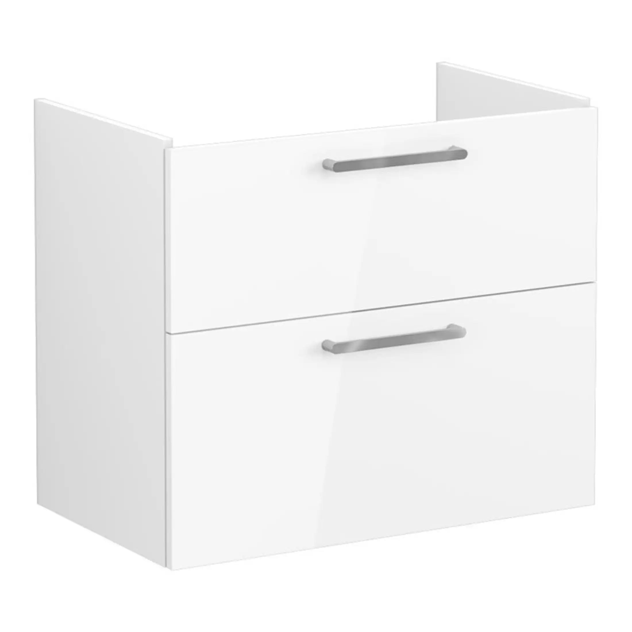 White bathroom vanity cabinet with two drawers, modern storage solution, sleek handles, ideal for contemporary bathrooms, provides organised space for toiletries.