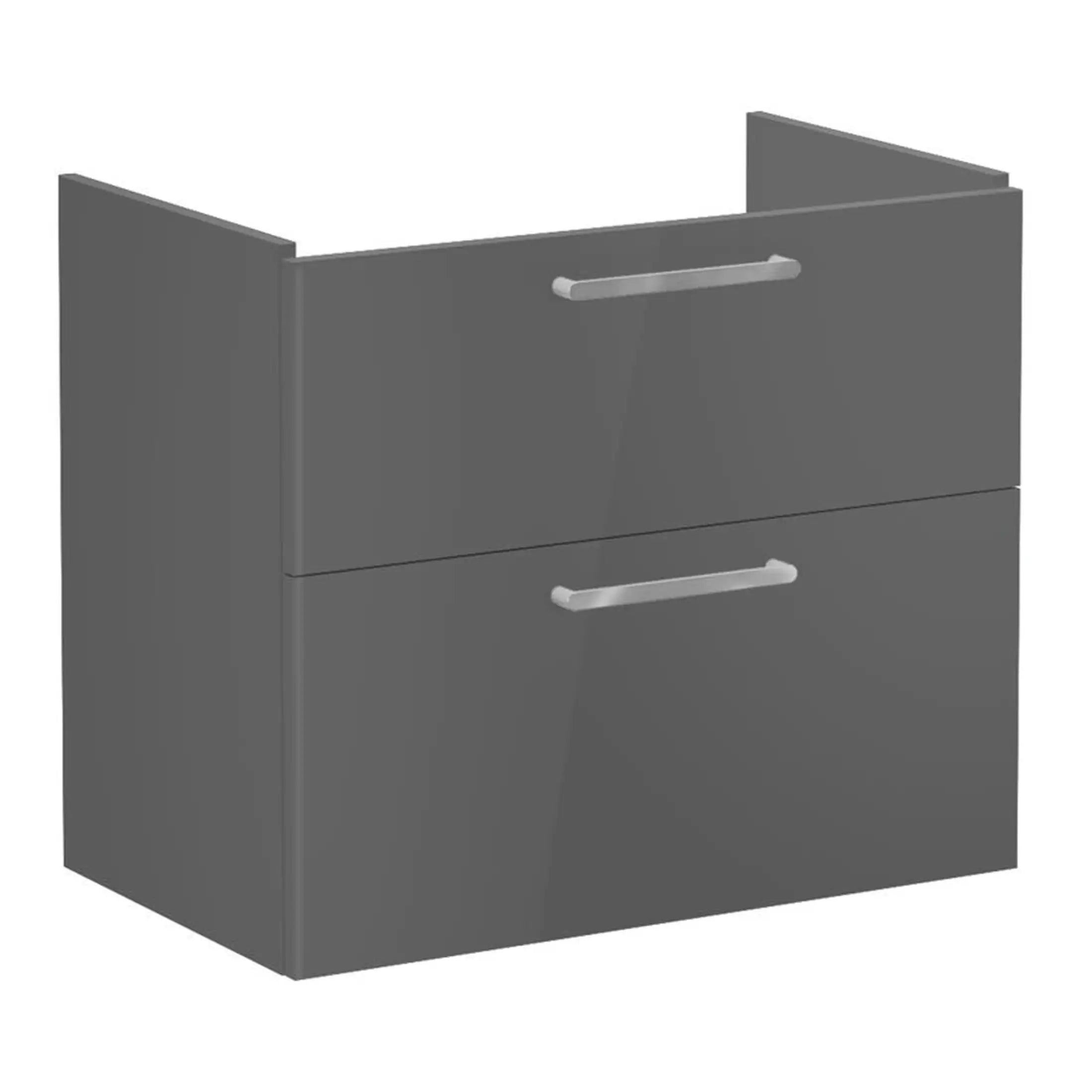 Modern grey bathroom vanity cabinet with sleek metal handles, ideal for contemporary bathroom storage and organisation. Perfect for bathroom refurbishments or new bathroom installations.