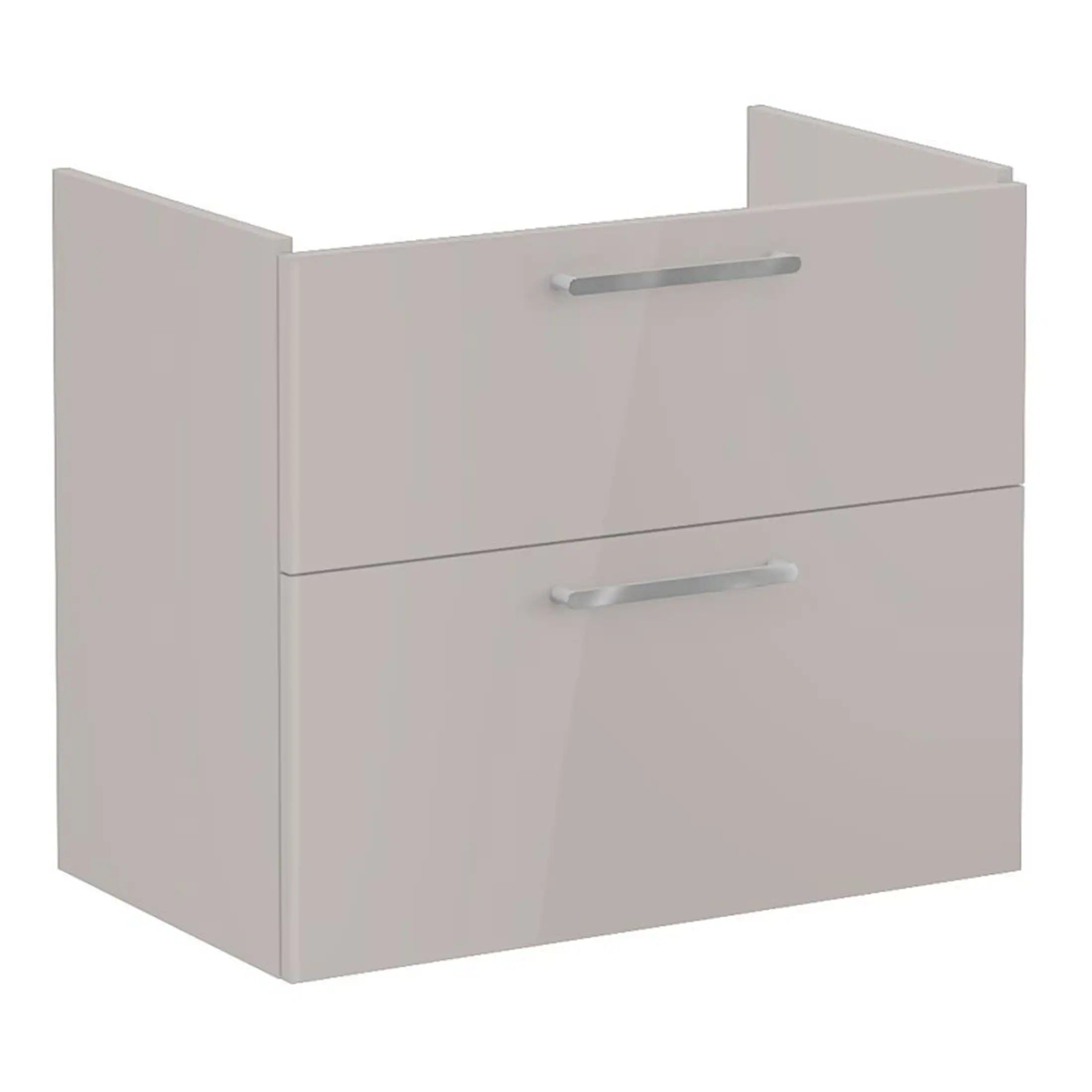 Modern white bathroom vanity cabinet with sleek silver handles for stylish bathroom storage solutions. Durable and functional, perfect for contemporary bathroom designs.