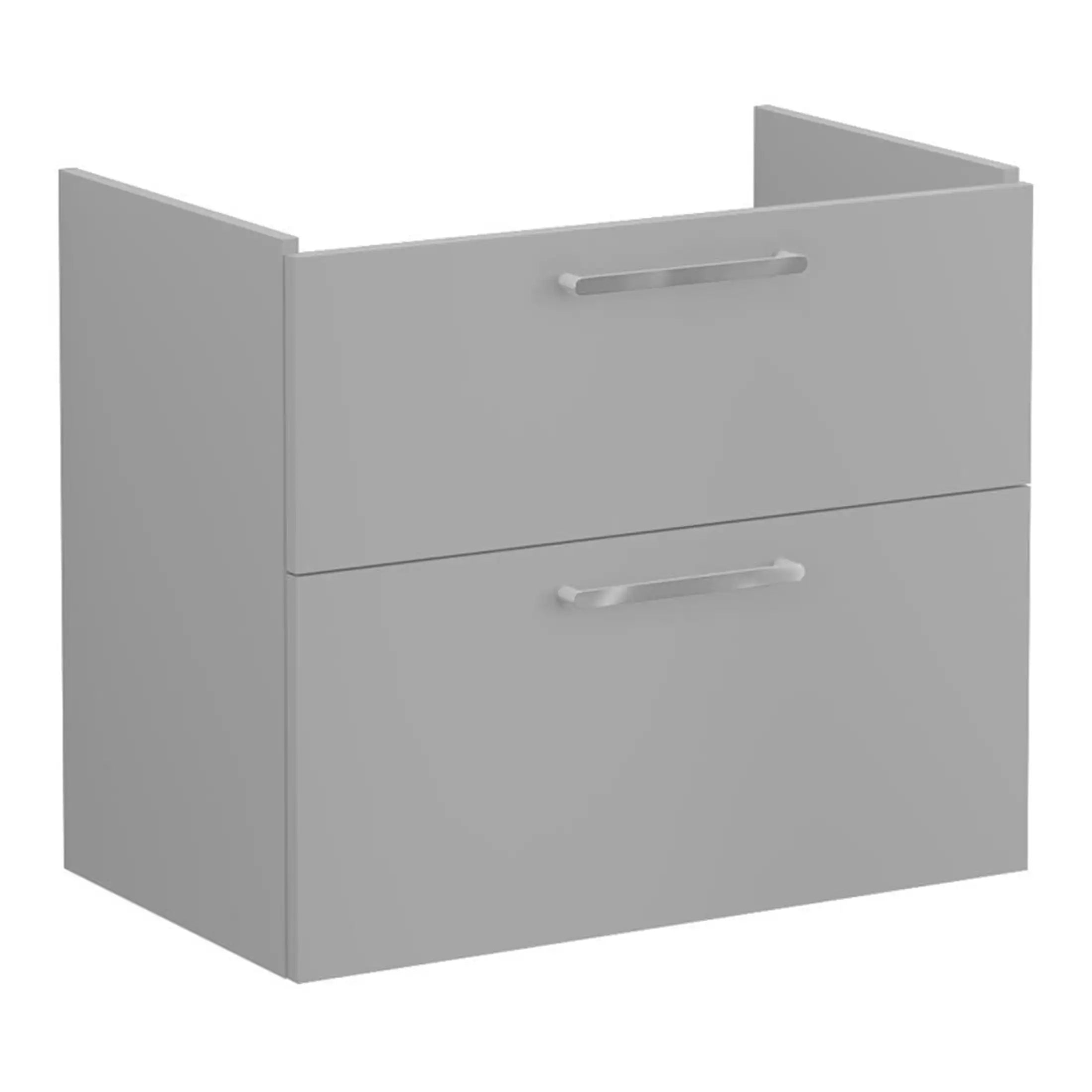 Two-drawer grey bathroom vanity unit with sleek handles, ideal for modern bathroom storage solutions. Perfect for organising toiletries while enhancing your bathroom's aesthetic.