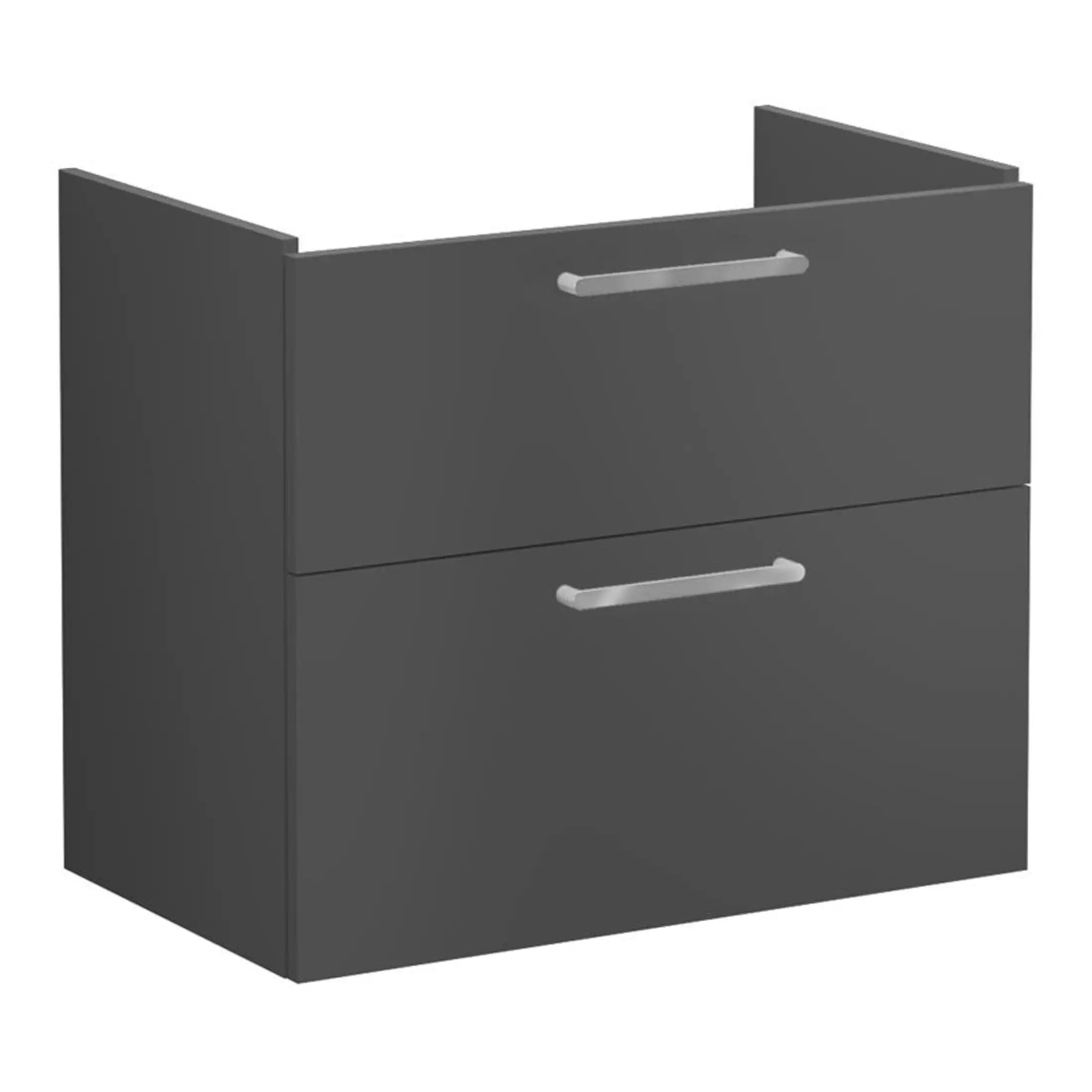 Smooth dark grey bathroom vanity unit with two drawers and sleek silver handles, ideal for modern bathrooms. Crafted for functionality and style, providing organised storage space in contemporary bathroom decor.