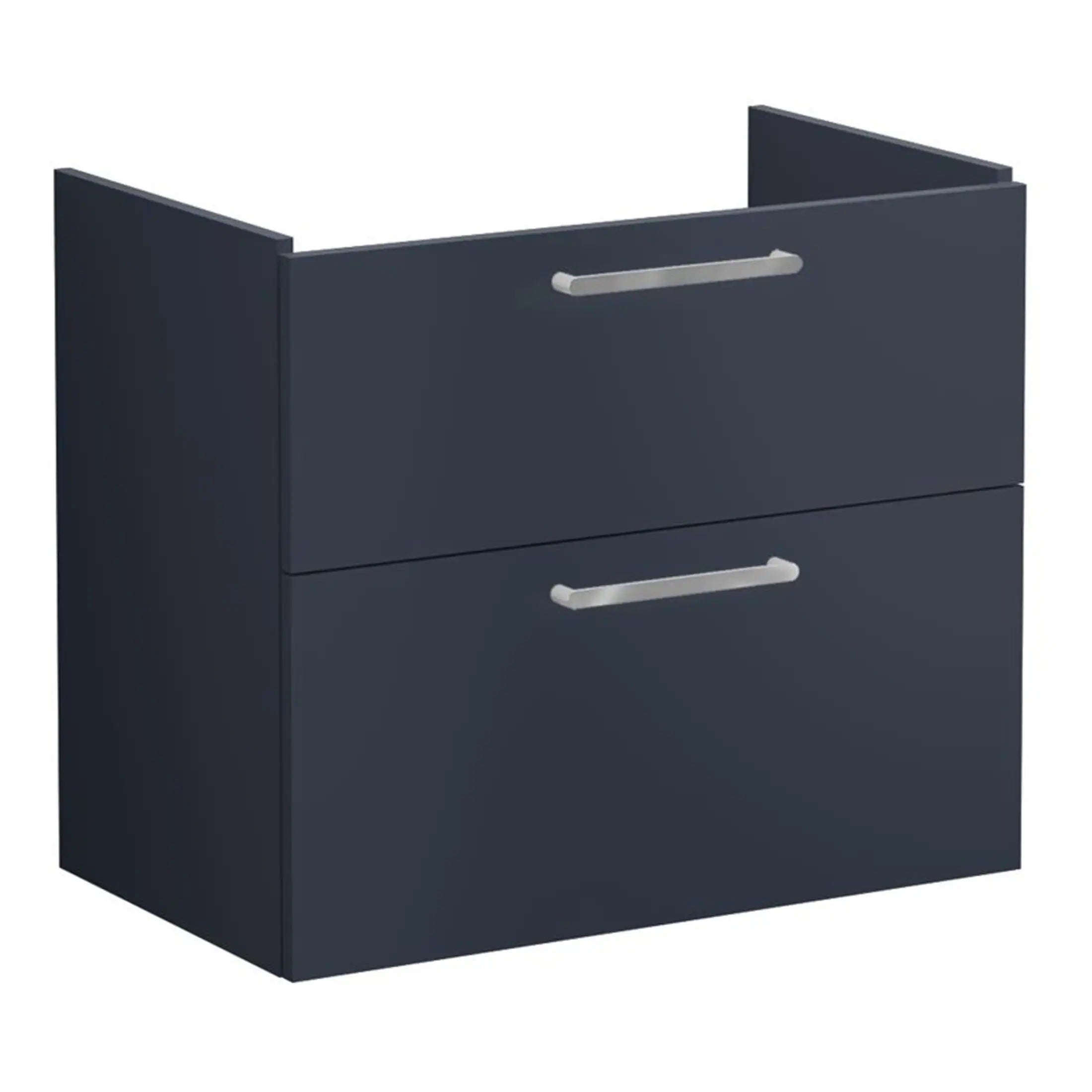 Modern navy blue bathroom vanity with two drawers and sleek silver handles, perfect for contemporary bathroom storage solutions.