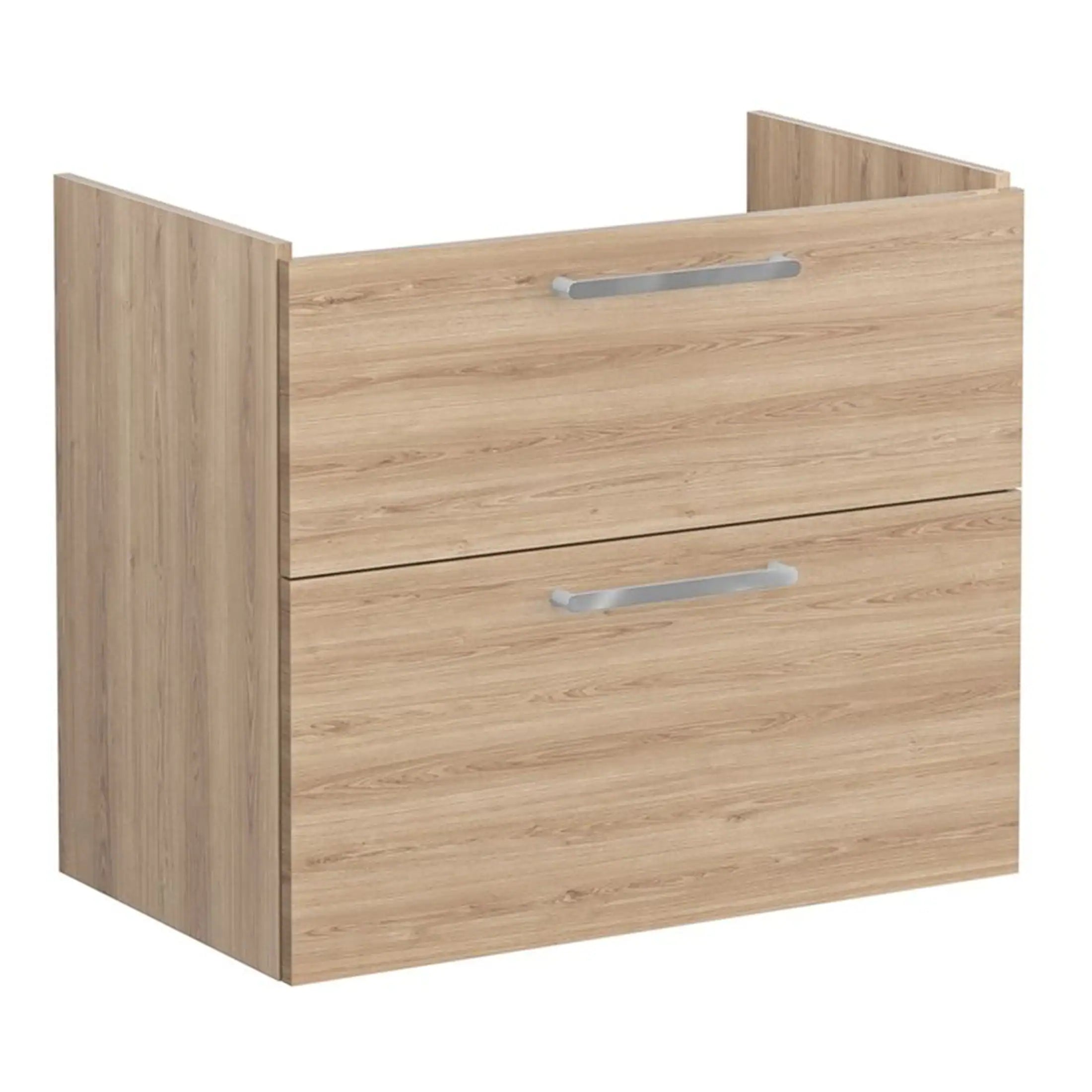 Modern wooden bathroom vanity with two drawers and sleek silver handles, designed by Bubly Bathrooms for stylish and functional bathroom storage solutions.