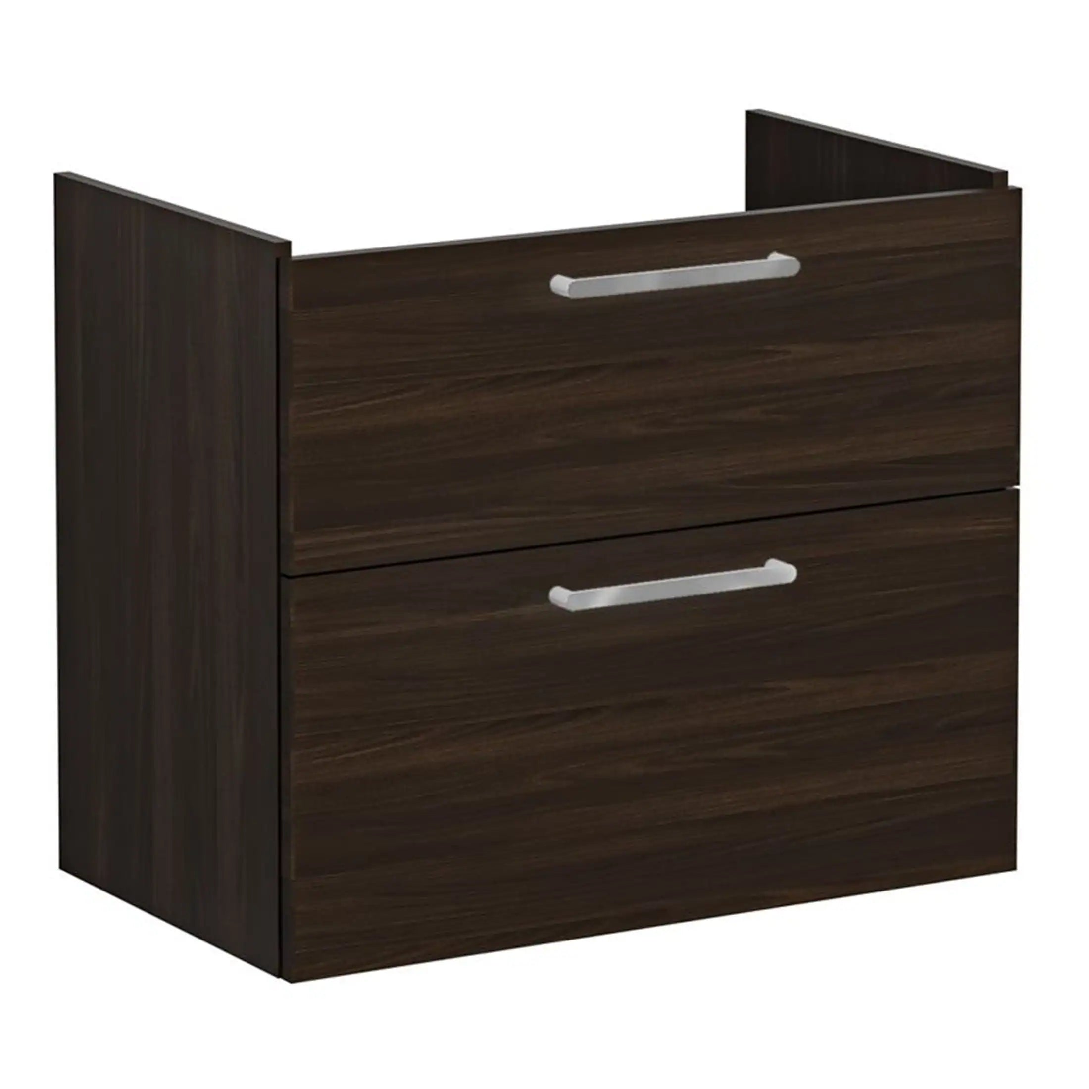 Modern dark wood bathroom vanity with two drawers and sleek silver handles, ideal for stylish bathroom storage solutions.