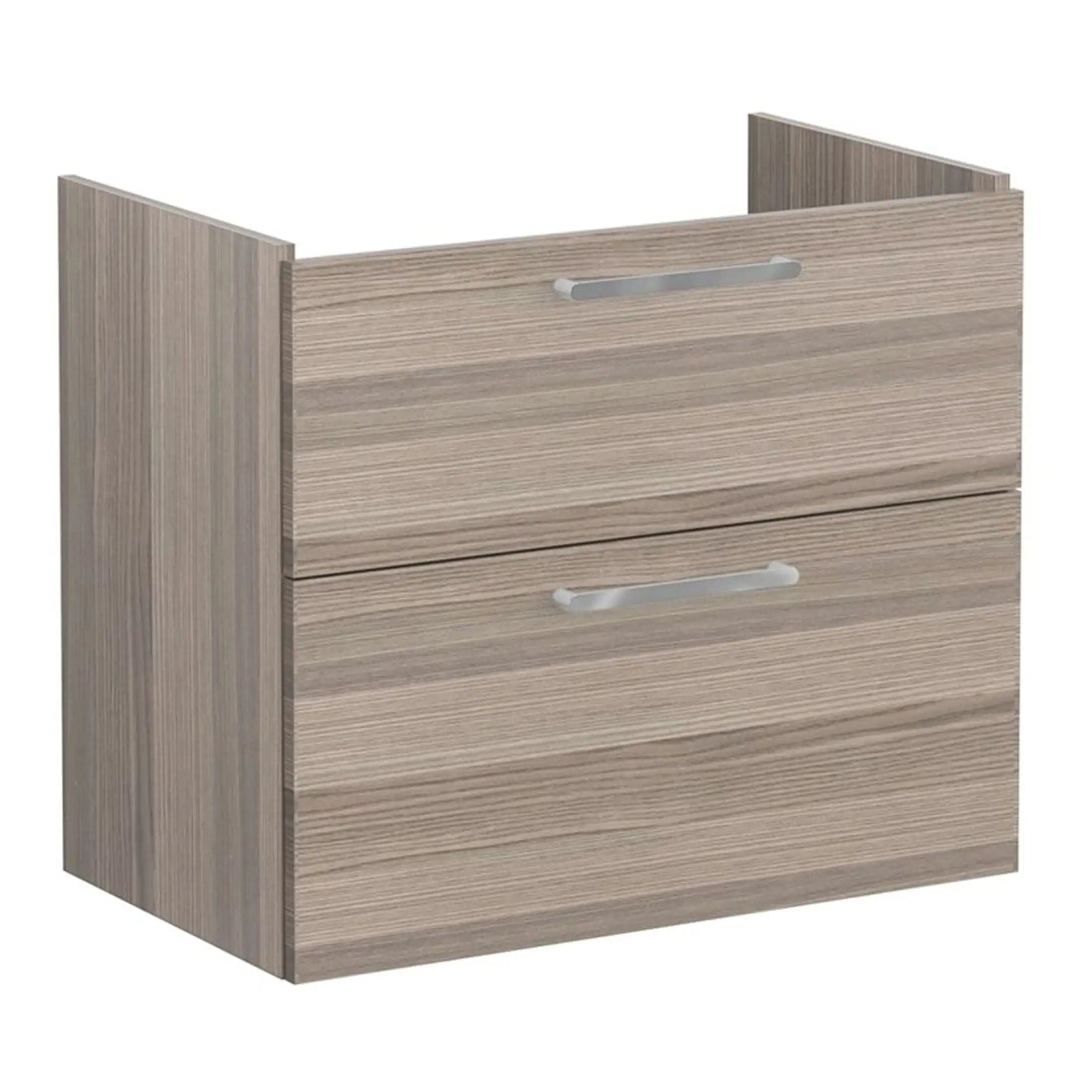 Slimline wooden bathroom vanity unit with two drawers and sleek metal handles, ideal for modern bathroom storage solutions.