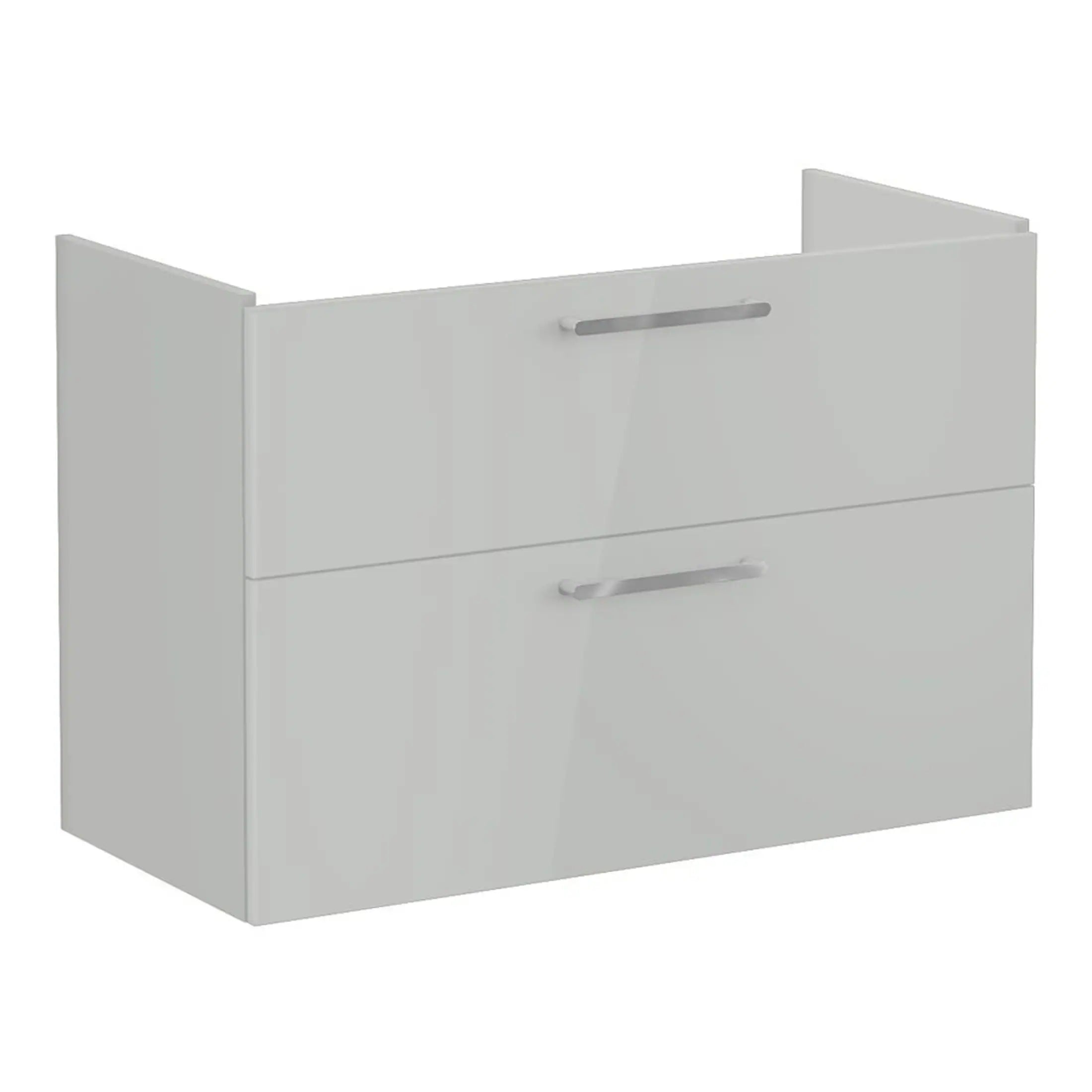 White modern bathroom vanity unit with sleek silver handles, blending contemporary style with functional storage. Perfect for stylish bathroom renovations and bathroom furniture upgrades.