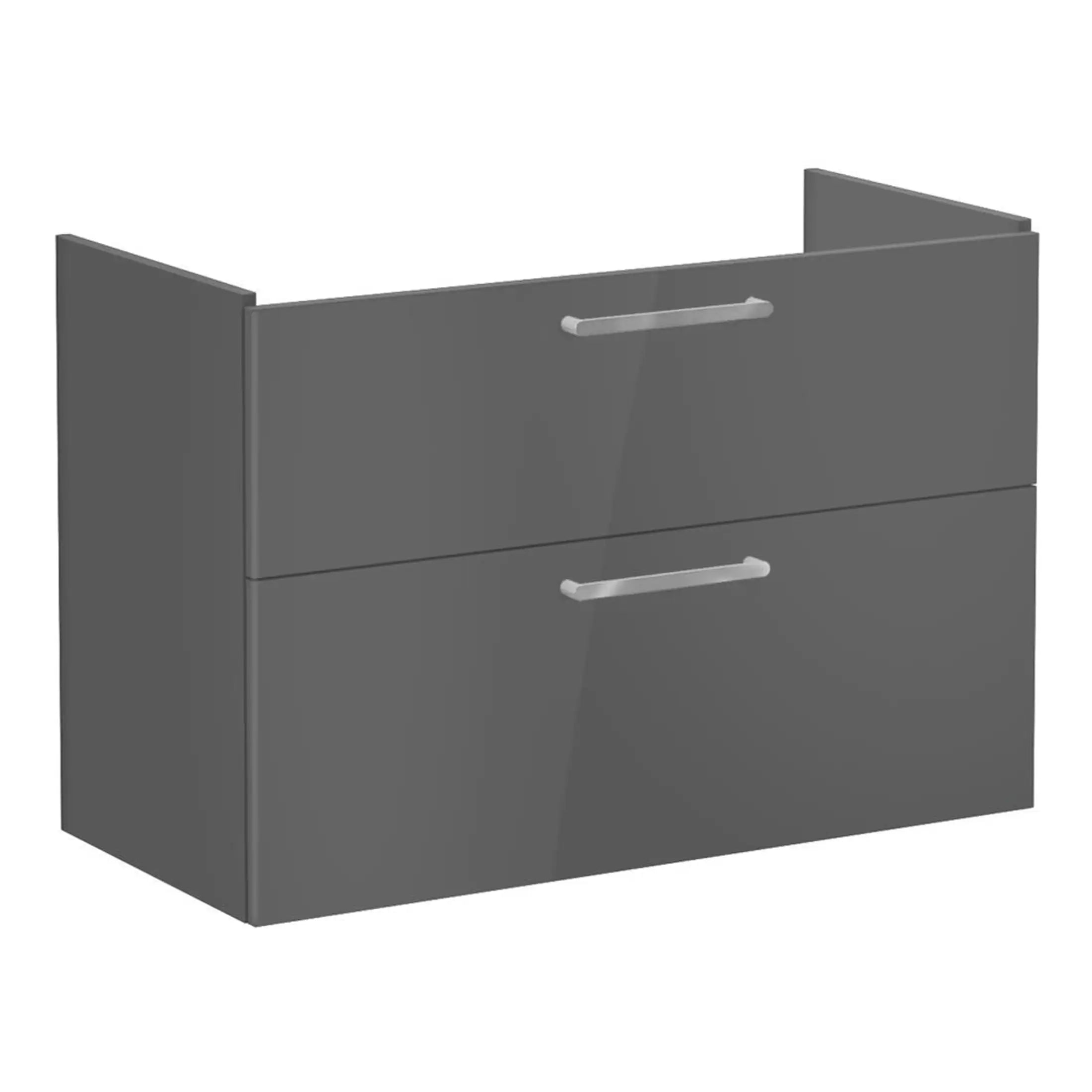 Sleek grey double bathroom vanity with modern silver handles, ideal for contemporary bathrooms, offering ample storage space and stylish design. Perfect for creating an organised, minimalist bathroom look.