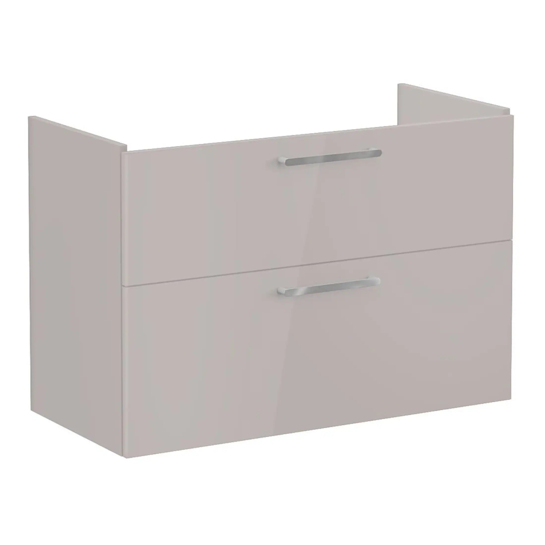Sleek white bathroom vanity unit with two drawers and modern chrome handles, ideal for contemporary bathroom storage solutions. Perfect for stylish, organised bathroom spaces.