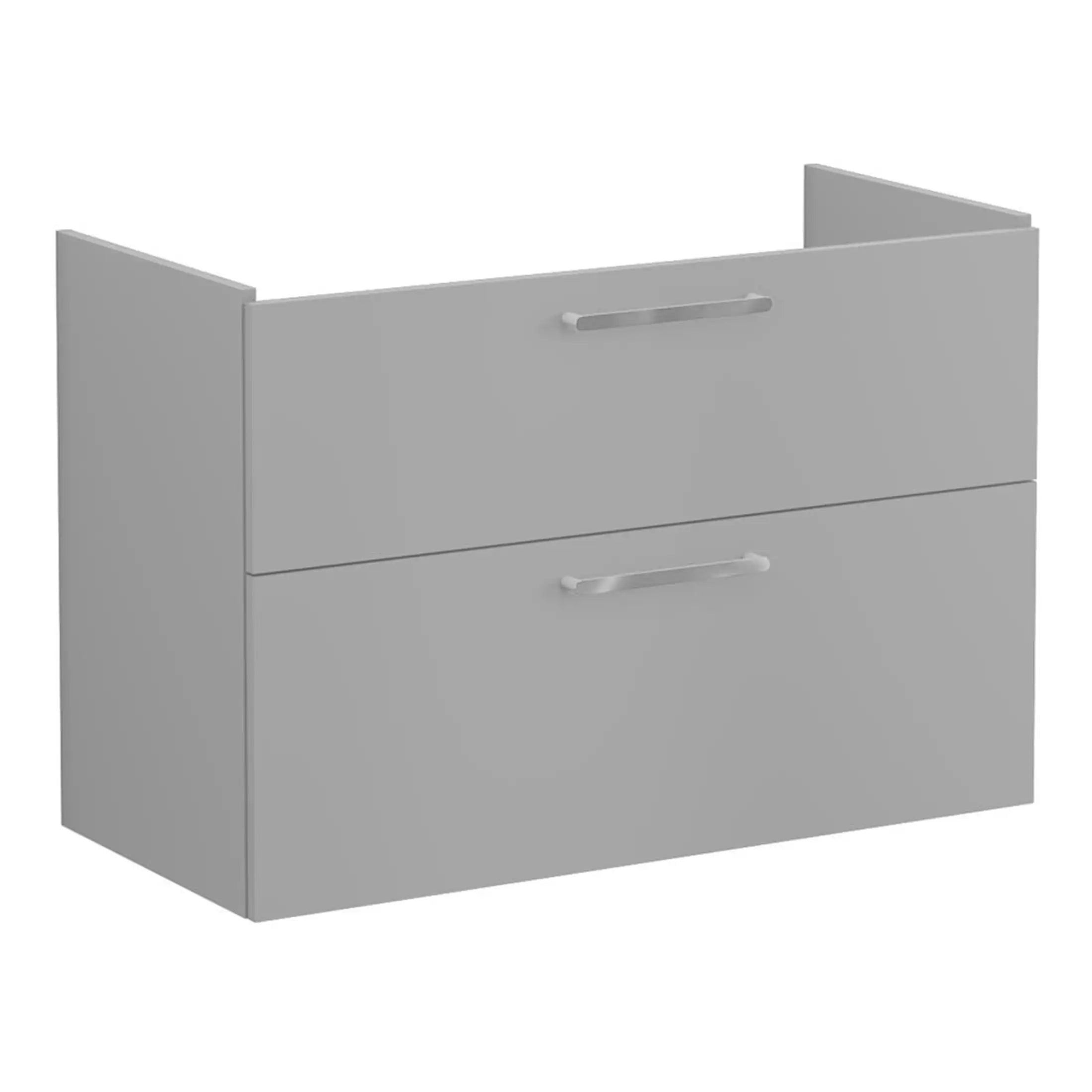 Modern grey bathroom vanity cabinet with sleek silver handles for contemporary bathroom storage. Suitable for bathroom renovations and DIY projects.