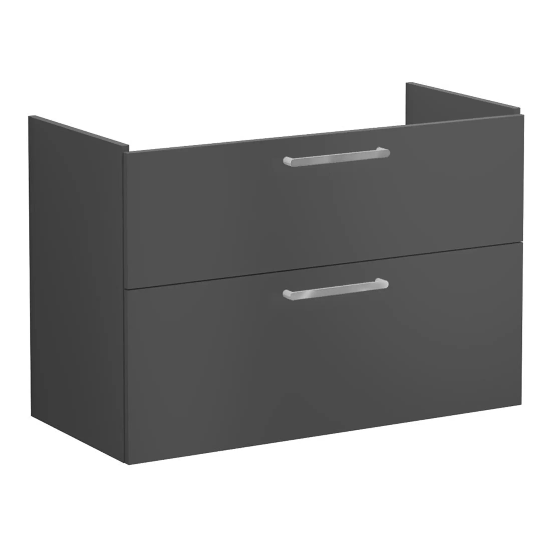 2. Modern grey bathroom vanity with two drawers and sleek silver handles, ideal for contemporary bathroom storage solutions.