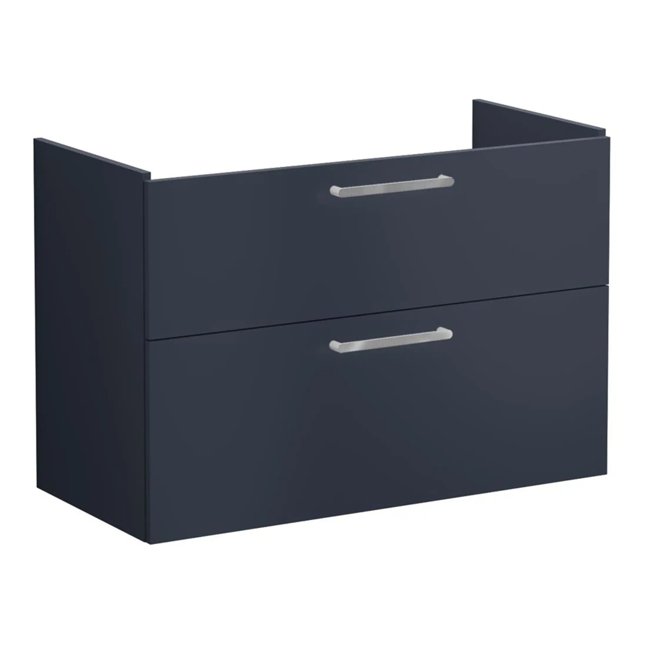 Horizontal navy blue bathroom vanity unit with two drawers and silver handles, ideal for modern bathroom storage solutions.