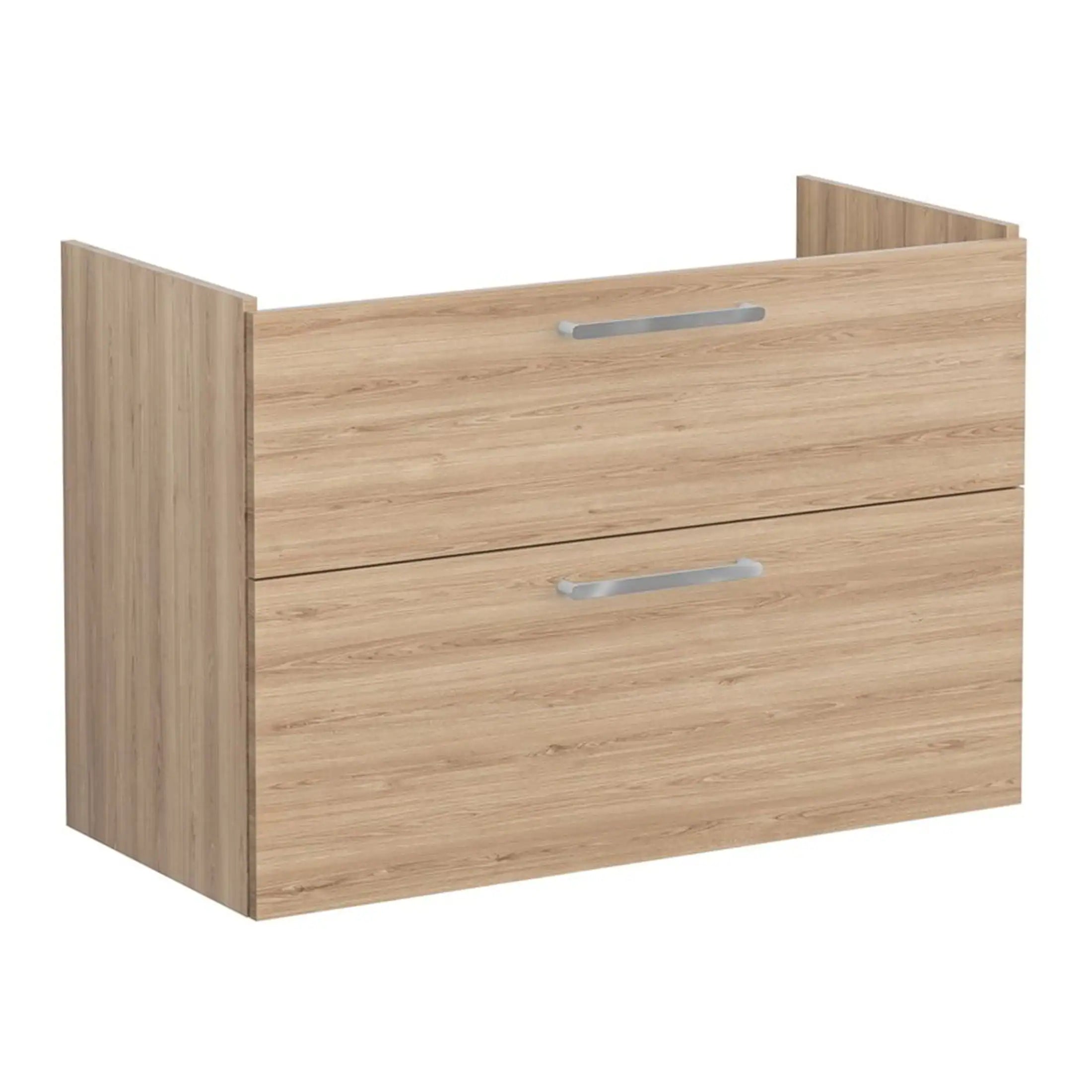 Stylish light oak bathroom cabinet with sleek silver handles, designed for modern bathroom storage solutions. Durable construction and contemporary style perfect for elegant bathroom decor.