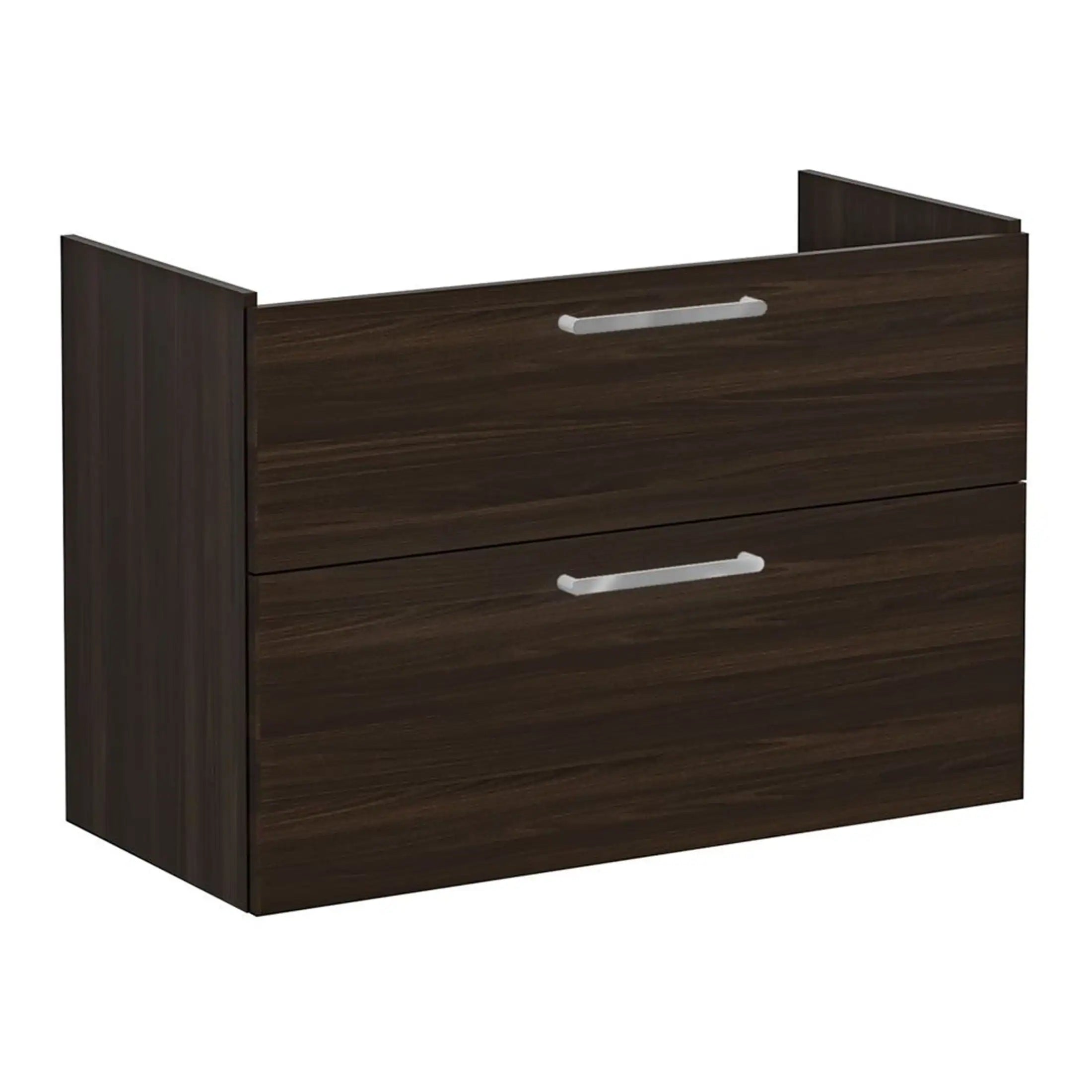 Modern dark wood bathroom vanity with sleek silver handles, ideal for contemporary bathroom storage. Durable, stylish, and functional for organising toiletries and essentials.