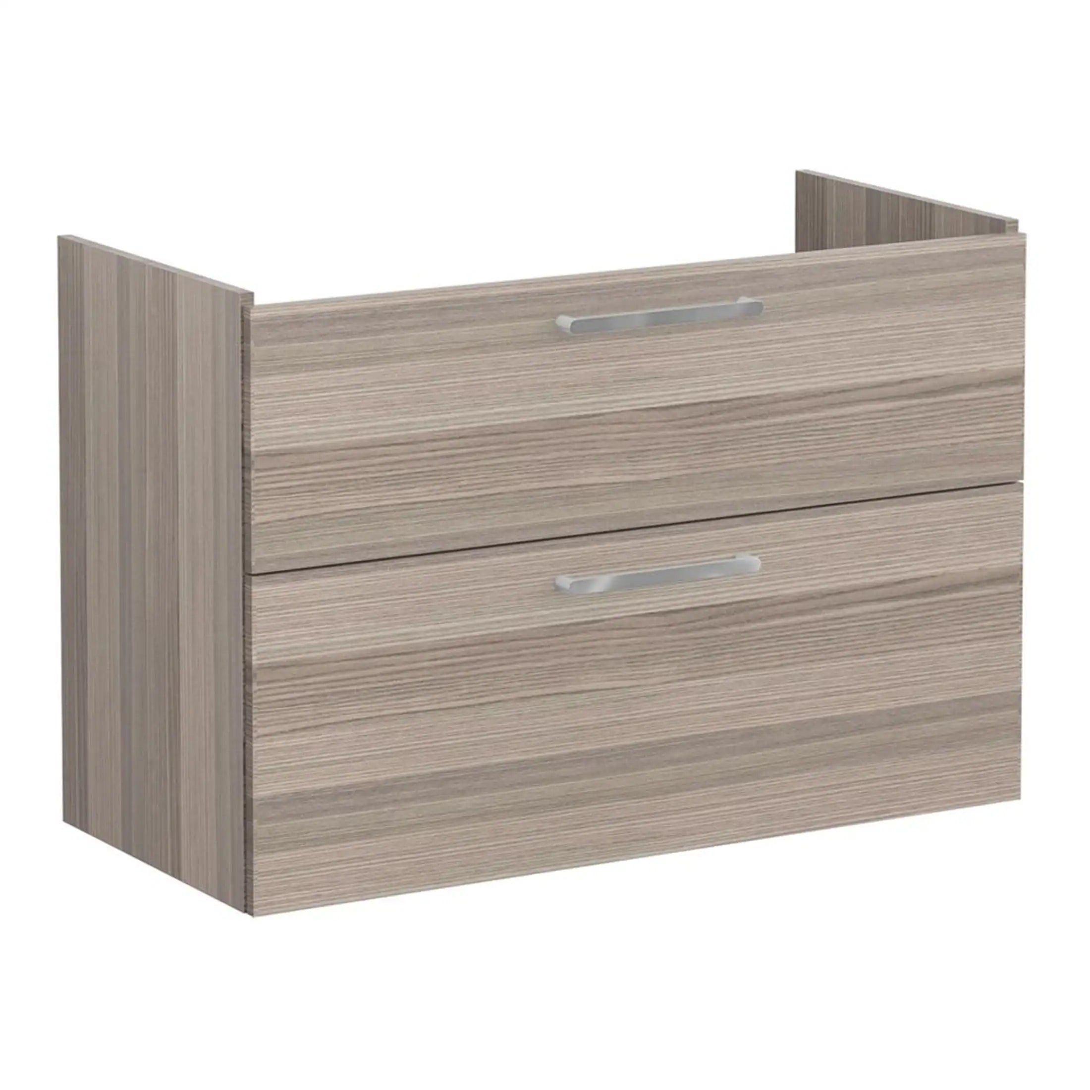 Sleek modern wooden bathroom drawer unit with silver handles, perfect for bathroom organisation and storage, featuring a contemporary design suitable for stylish bathrooms.