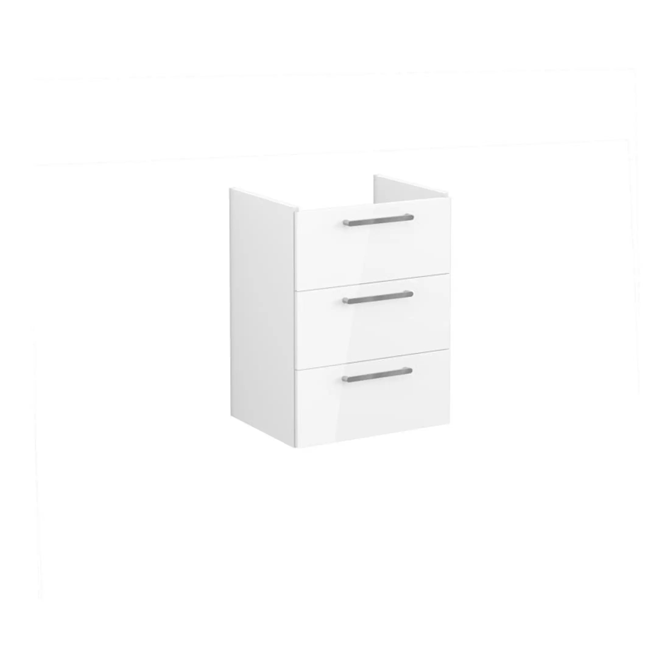Modern white bathroom storage cabinet with three drawers and metallic handles, ideal for organising toiletries and accessories in contemporary bathrooms.