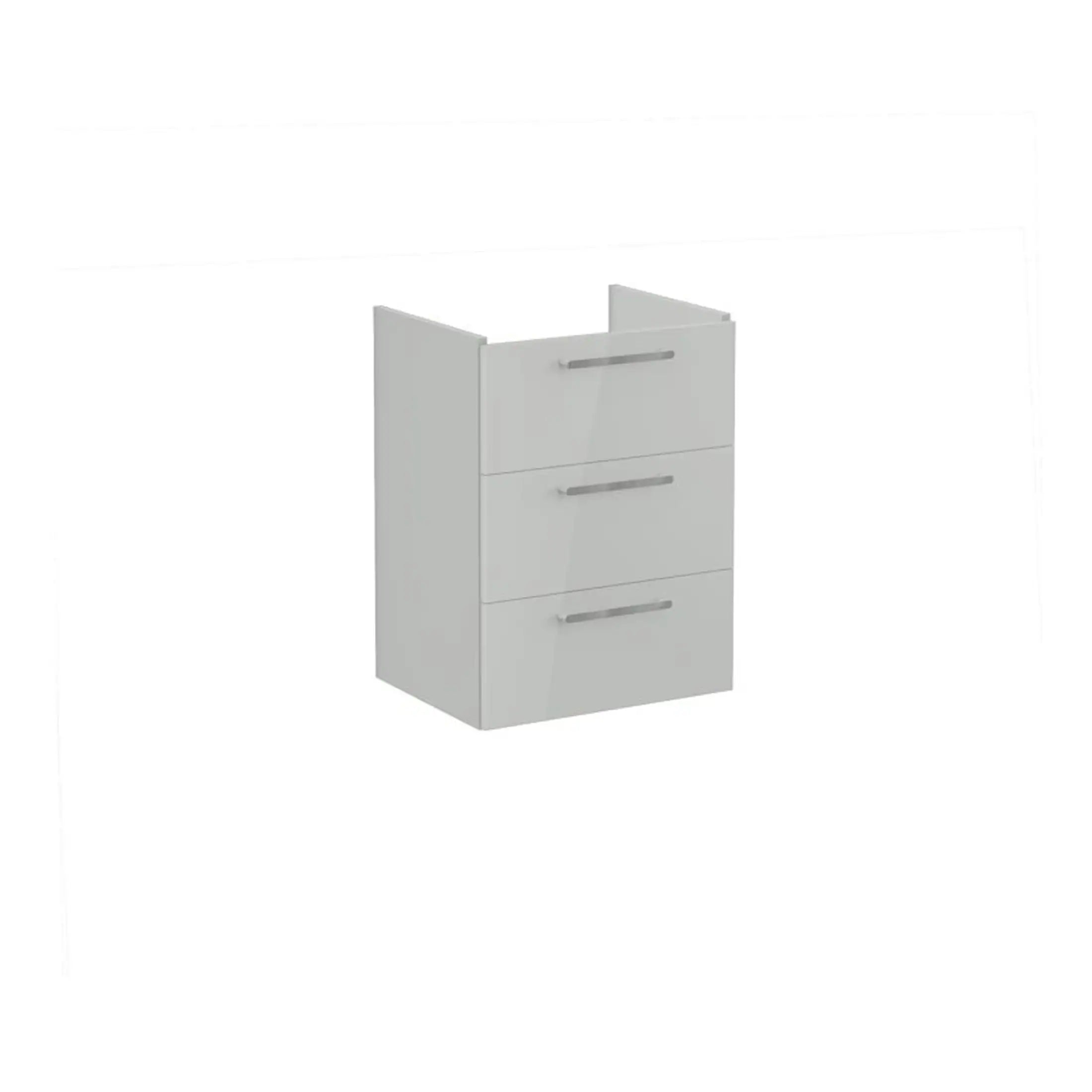 Modern white bathroom vanity unit with three drawers and sleek silver handles, ideal for contemporary bathroom storage solutions.