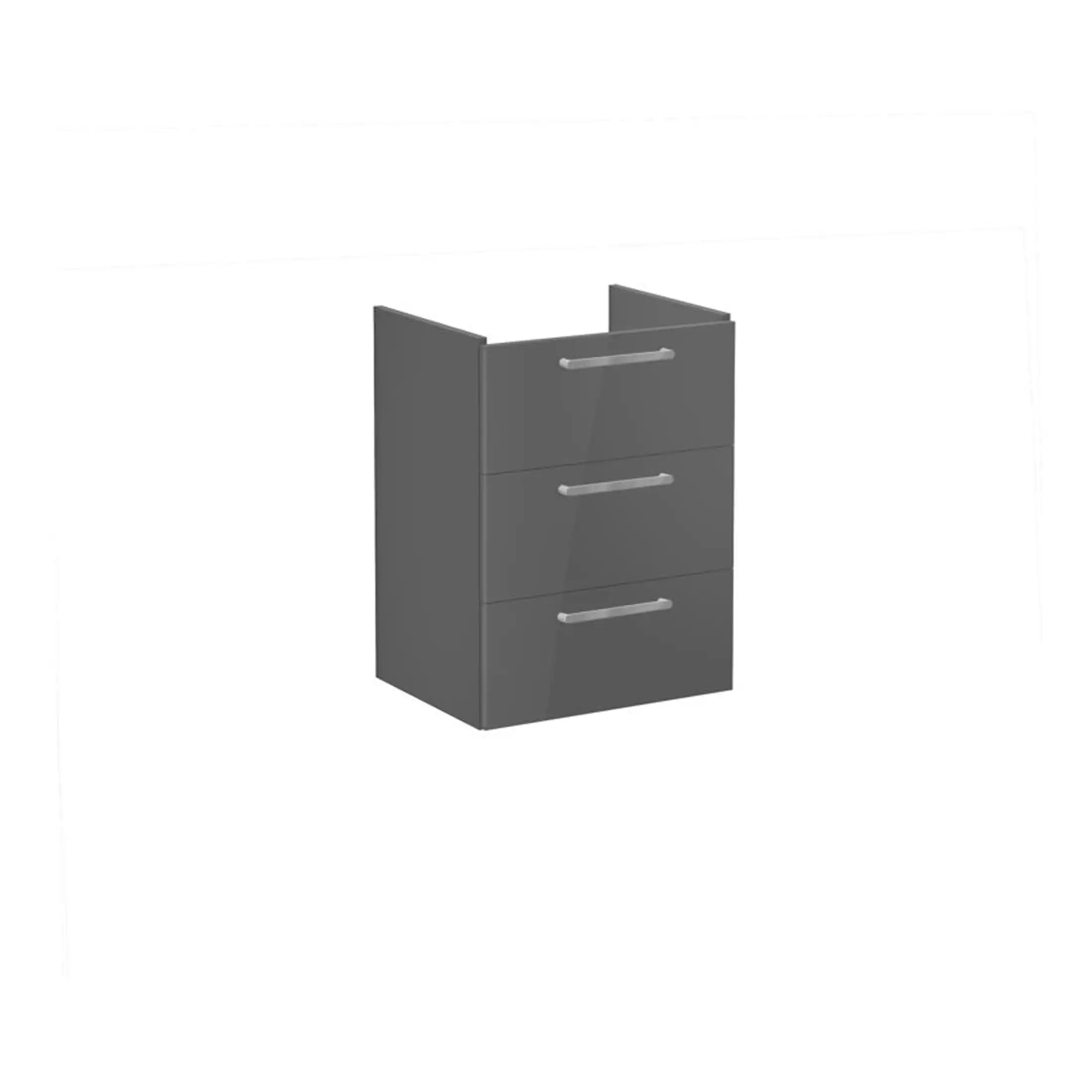 Modern grey bathroom cabinet with three drawers and sleek metal handles by Bubly Bathrooms. Perfect for stylish bathroom storage solutions.