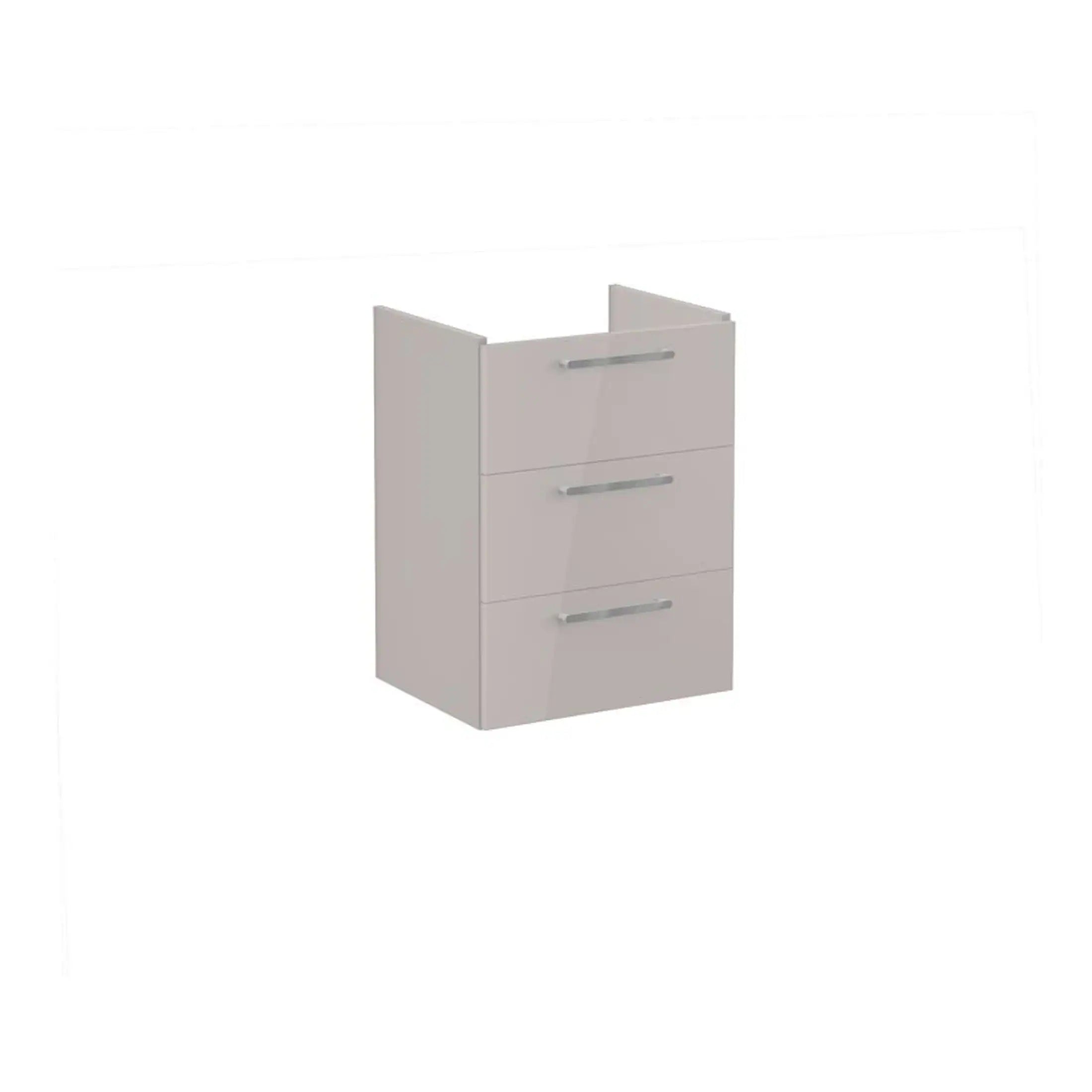 Sleek white bathroom vanity cabinet with three drawers, modern silver handles, ideal for contemporary bathroom storage and organisation. Durable and stylish for your bathroom remodel.