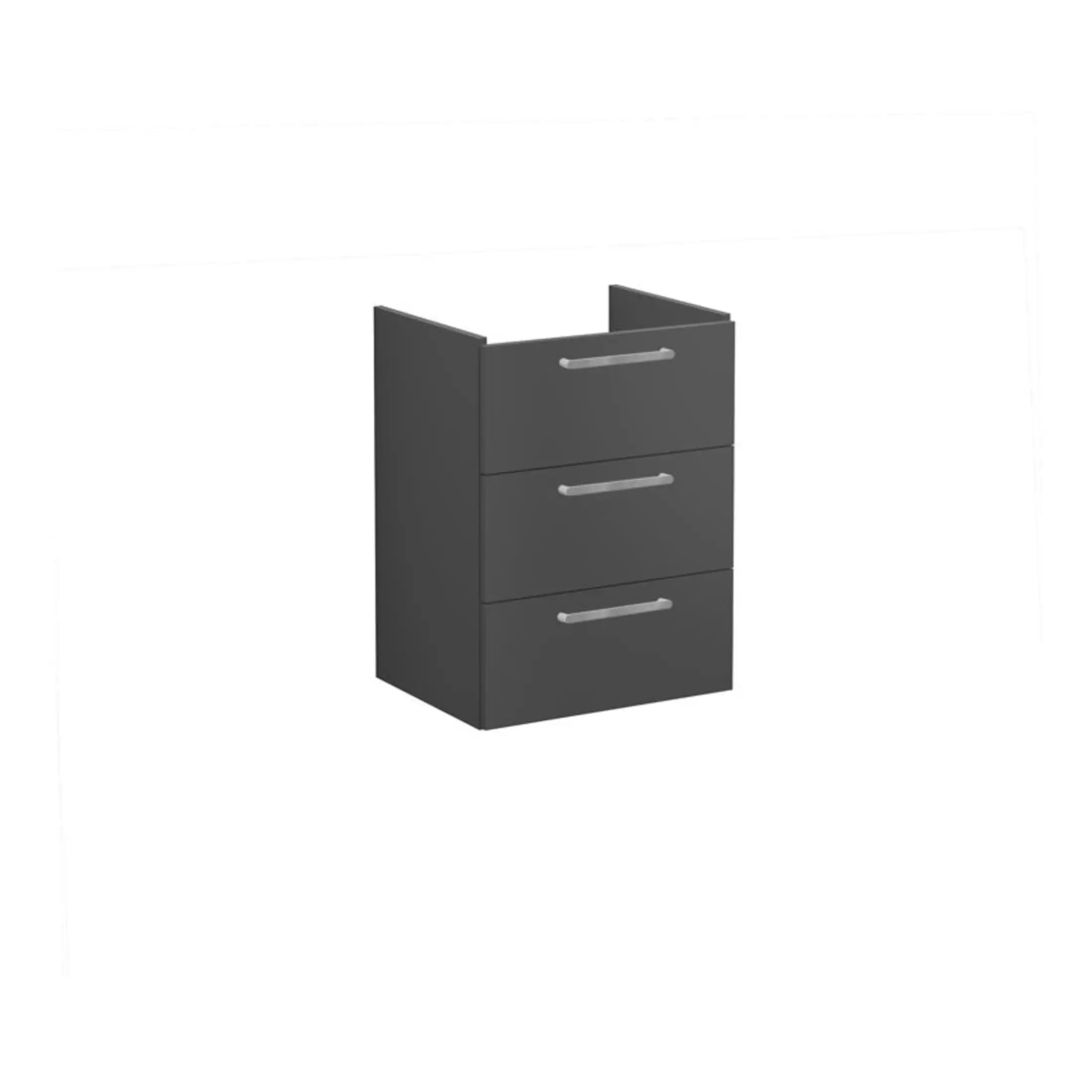 Sleek dark grey bathroom storage cabinet with four drawers and modern silver handles, ideal for organising toiletries and bathroom essentials.