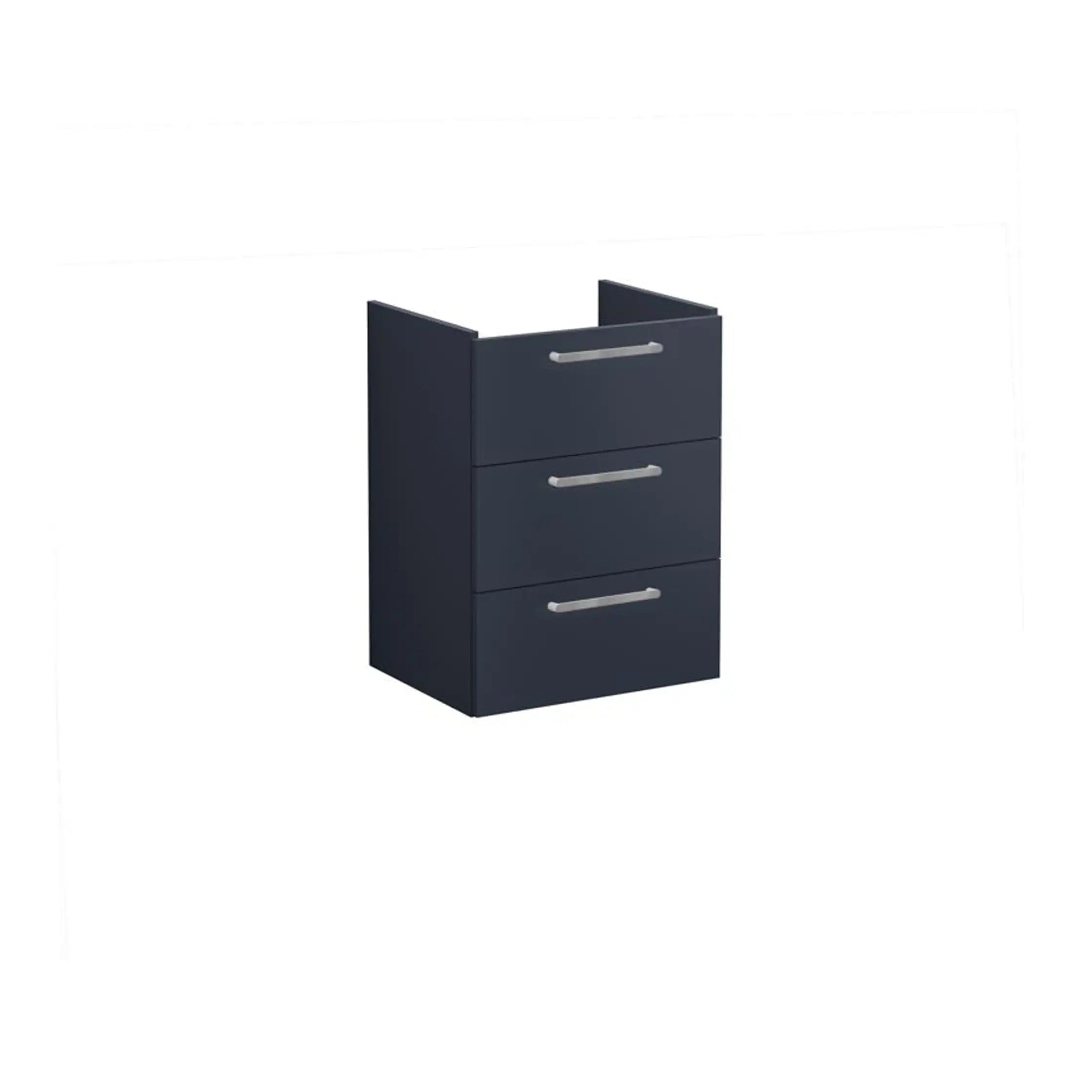 Dark blue bathroom cabinet with three drawers and silver handles, ideal for modern bathroom storage solutions. Stylish and functional furniture piece from Bubly Bathrooms.