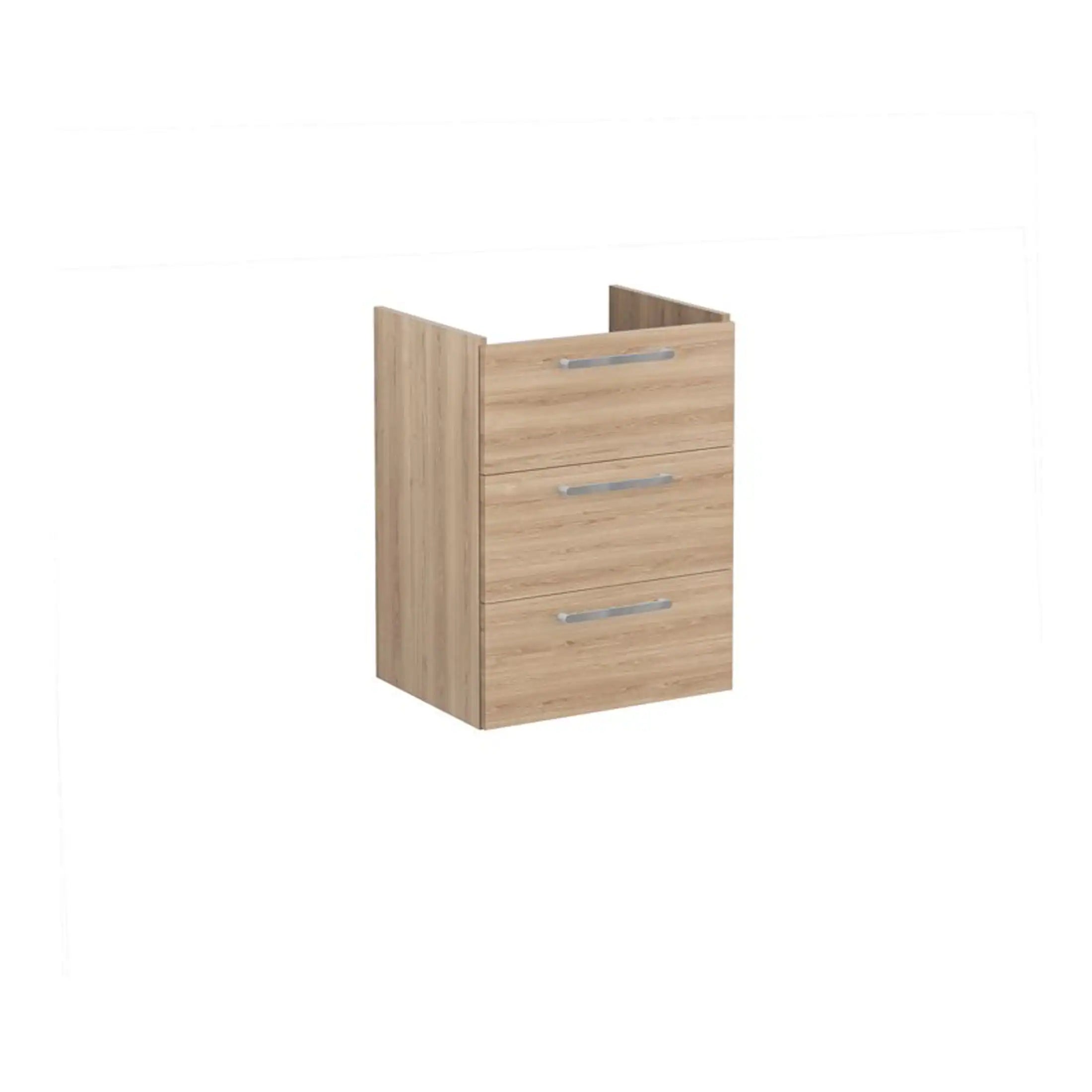 Oak wood bathroom vanity with three drawers and silver handles, ideal for modern bathroom storage solutions. Perfect for organised and stylish bathroom interiors.